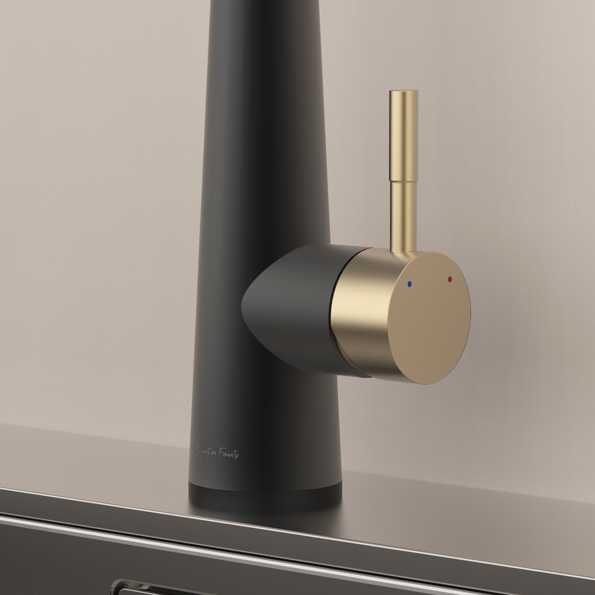 Matte black and brushed gold touch kitchen faucet lever handle and hot cold indicators close up #color_matte black and brushed gold