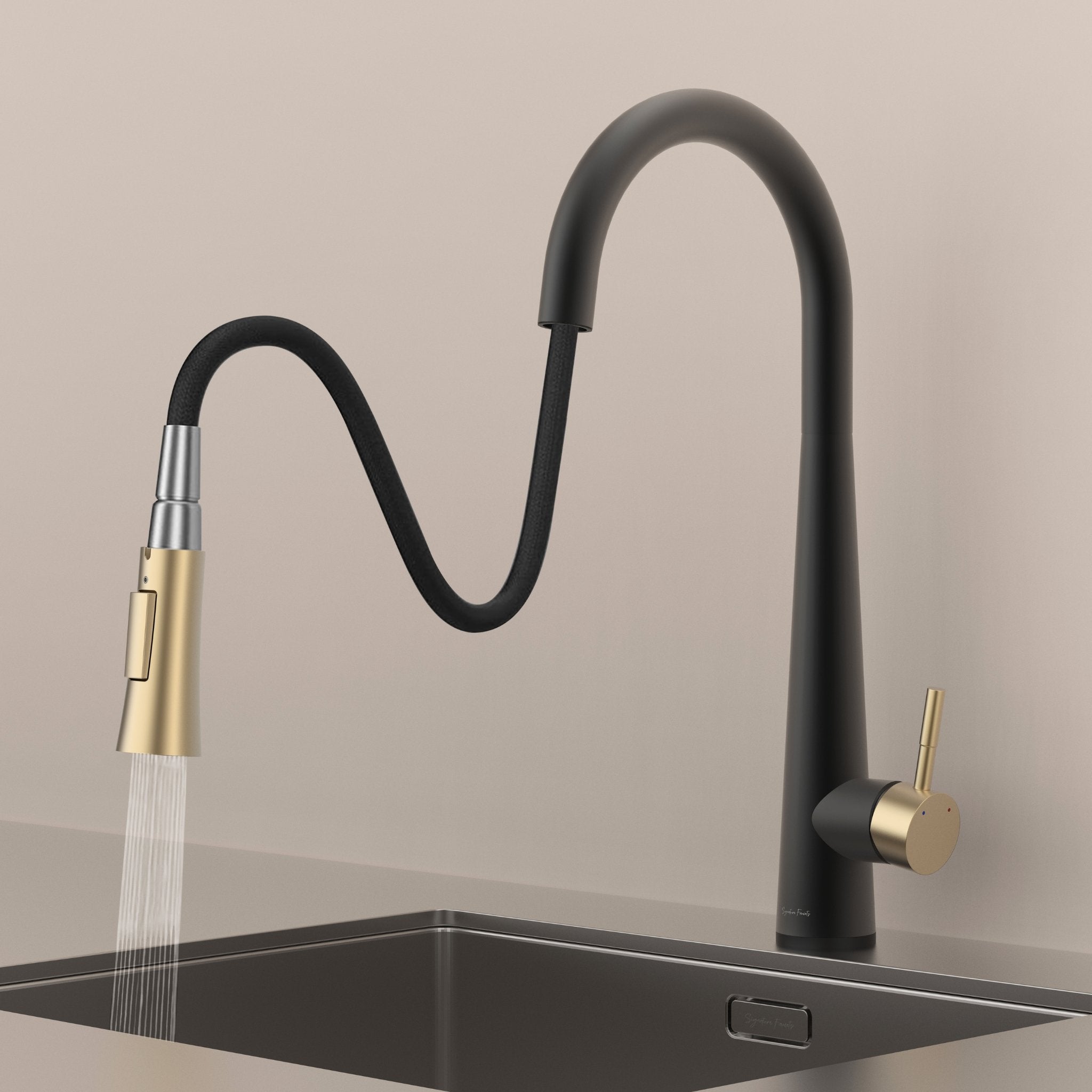 Matte black and brushed gold touch kitchen faucet with pull-down sprayer extended showing spray mode #color_matte black and brushed gold
