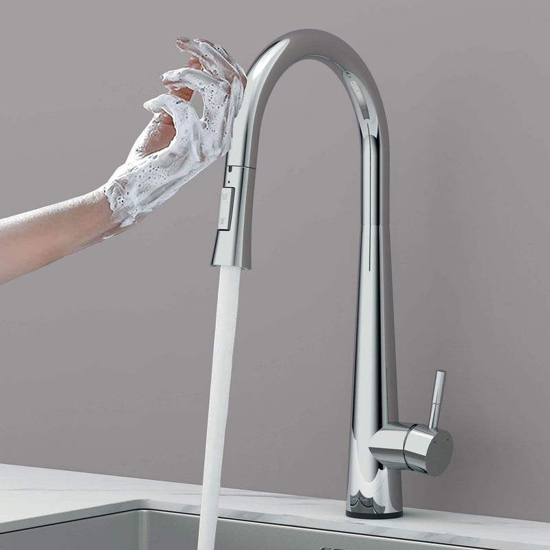 Touch-activated Arcus Kitchen Faucet with Pull-Down Sprayer in chrome finish — hands-free operation shown as soapy hands activate water flow by Signature Faucets. #color_chrome