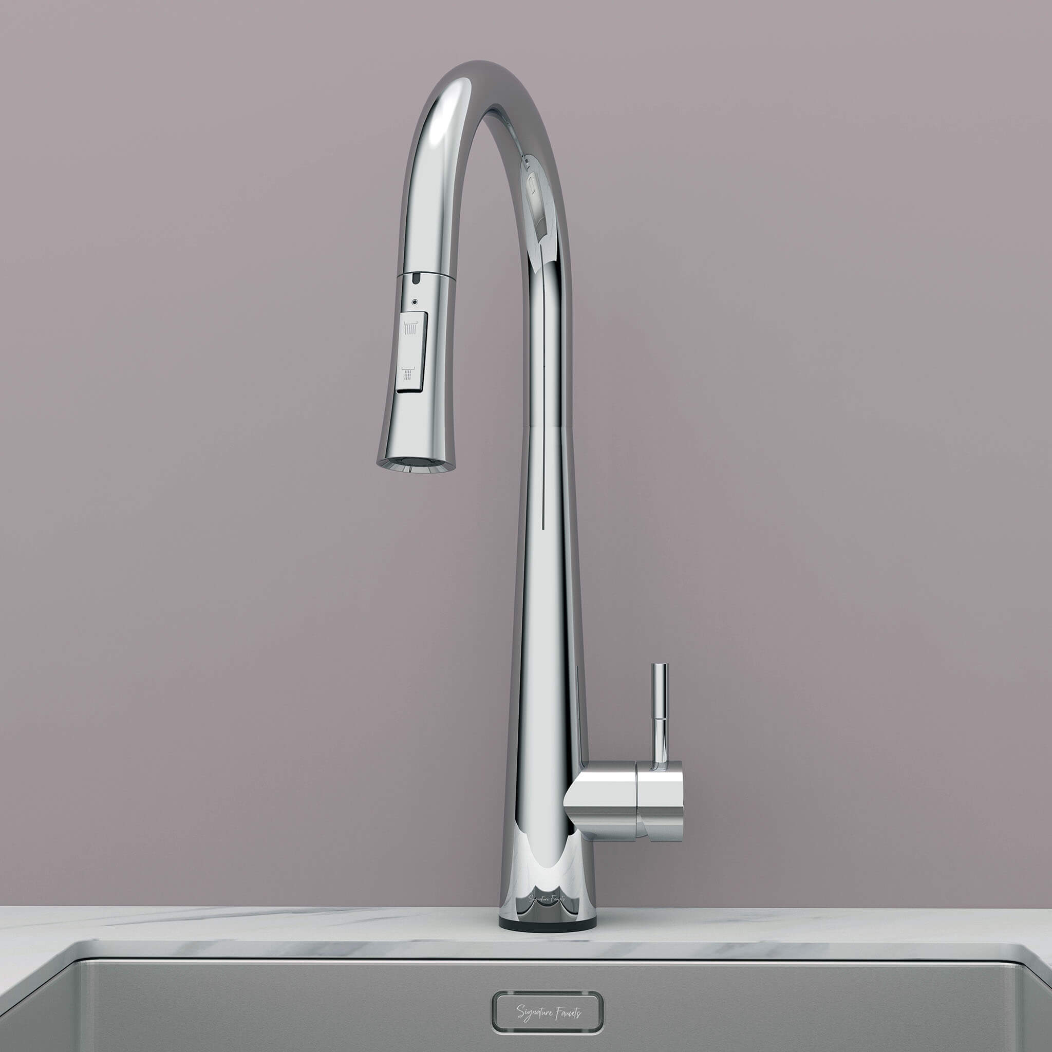 Front view of Arcus Touch Kitchen Faucet with Pull-Down Sprayer in chrome finish, installed on stainless steel sink by Signature Faucets. #color_chrome
