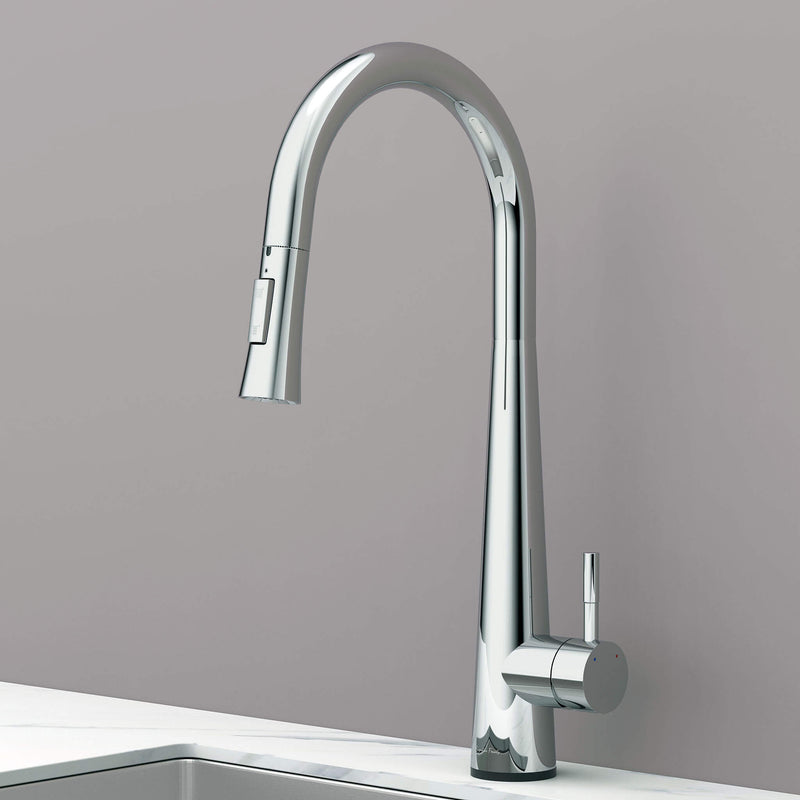 Side view of Arcus Touch Kitchen Faucet with Pull-Down Sprayer in elegant chrome finish, showcasing modern minimalist design by Signature Faucets. #color_chrome