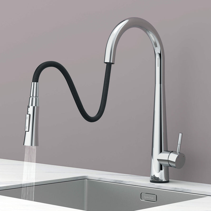 Arcus Touch Kitchen Faucet with flexible pull-down sprayer extended over sink, featuring chrome finish and ergonomic design by Signature Faucets. #color_chrome