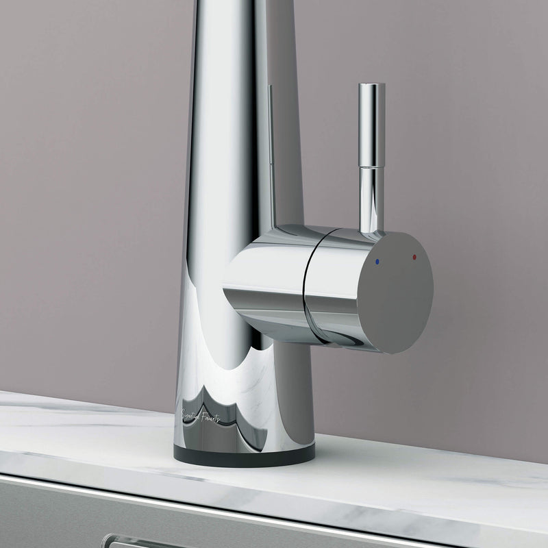 Close-up of Arcus Touch Kitchen Faucet handle in chrome finish, highlighting temperature control lever and sleek contemporary design by Signature Faucets. #color_chrome