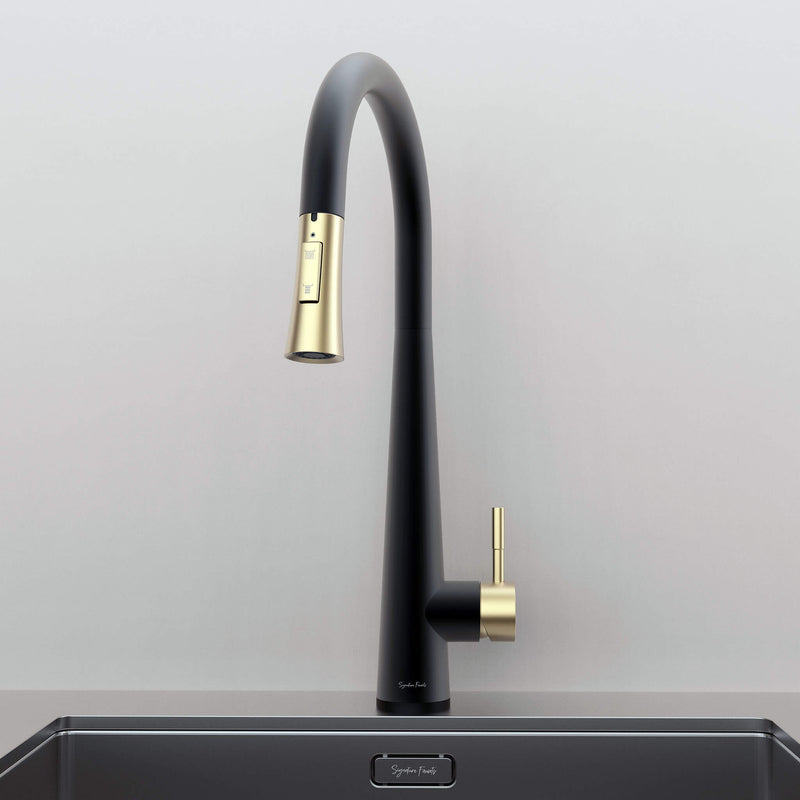 Front view of Arcus Touch Kitchen Faucet with Pull-Down Sprayer in Matte Black and Brushed Gold finish, installed on stainless steel sink by Signature Faucets. #color_matte black and brushed gold