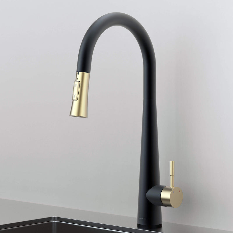 Side view of Arcus Touch Kitchen Faucet with Pull-Down Sprayer in elegant Matte Black and Brushed Gold finish, showcasing modern minimalist design by Signature Faucets. #color_matte black and brushed gold