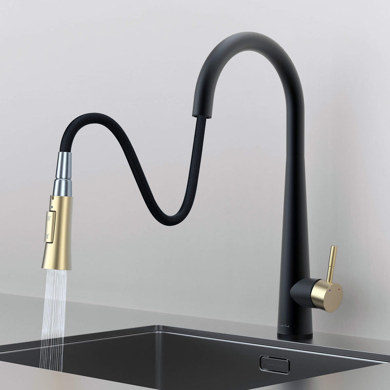 Arcus Touch Kitchen Faucet with flexible pull-down sprayer extended over sink, featuring Matte Black and Brushed Gold finish and ergonomic design by Signature Faucets. #color_matte black and brushed gold