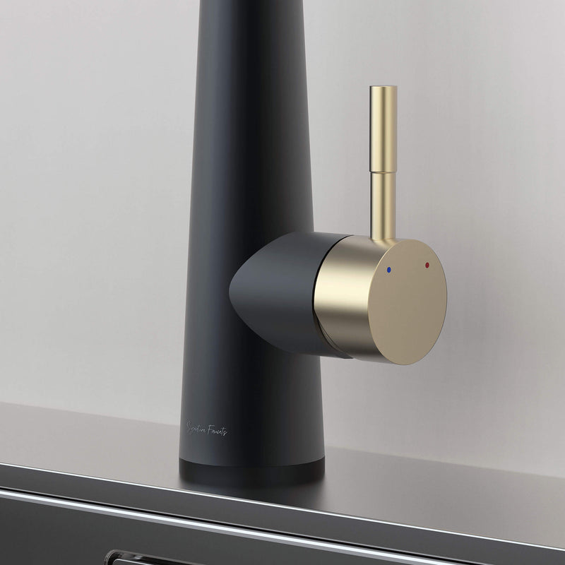 Close-up of Arcus Touch Kitchen Faucet handle in Matte Black and Brushed Gold finish, highlighting temperature control lever and sleek contemporary design by Signature Faucets. #color_matte black and brushed gold