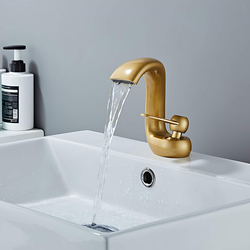 BathroomSinkFaucet-ScheftelModernWaterfallBathroomFaucetSingleHandleSingleHole-matte-brushed-gold-SignatureFaucets #color_gold