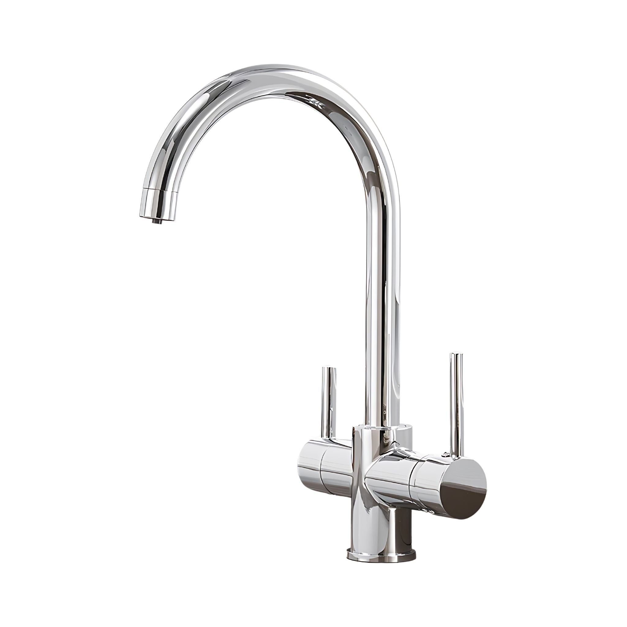 A modern high-arc chrome kitchen faucet with two lever handles on a solid white background. #color_chrome