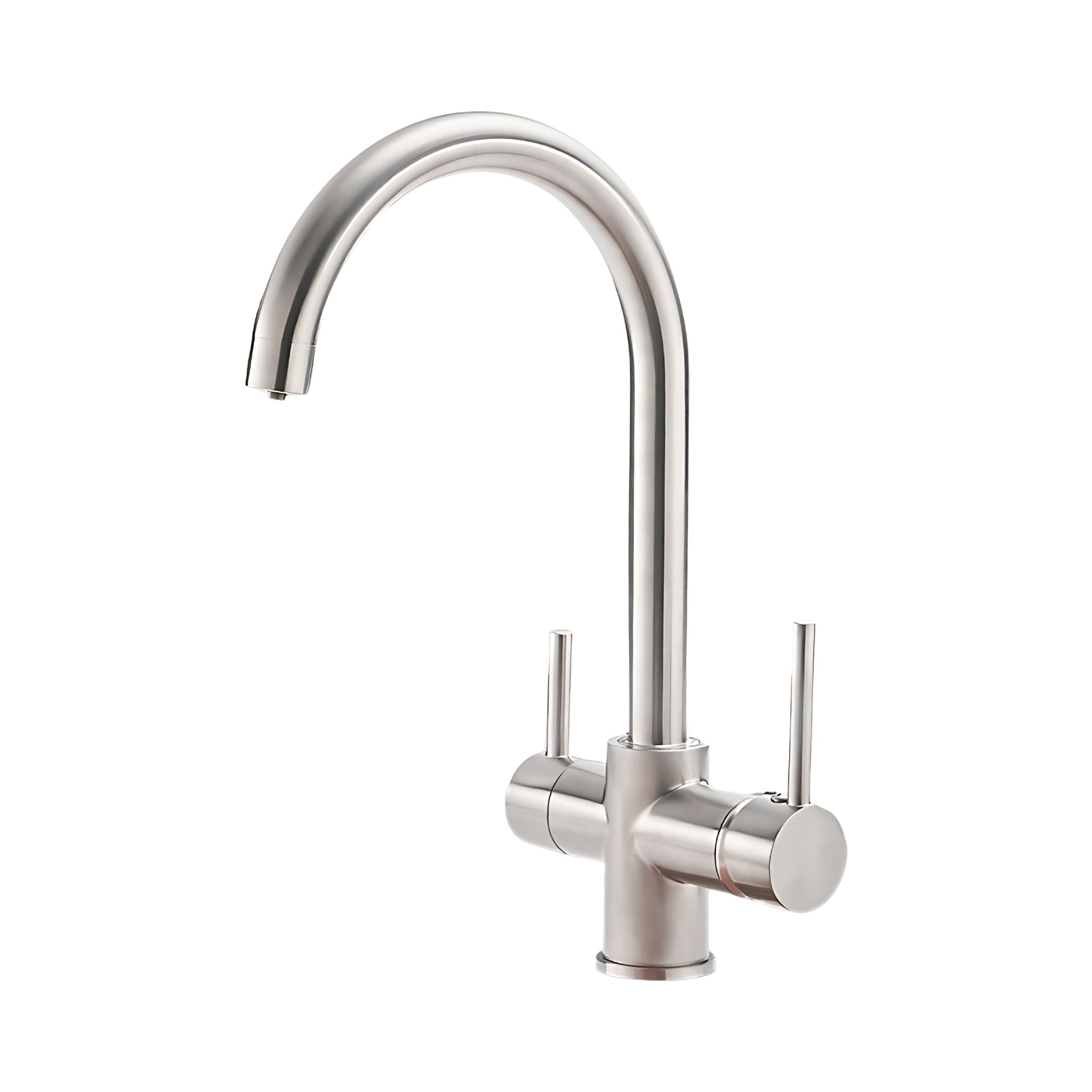 A modern single-handle kitchen faucet with a high-arc spout and two lever handles, finished in brushed stainless steel, shown against a plain white background #color_brushed nickel