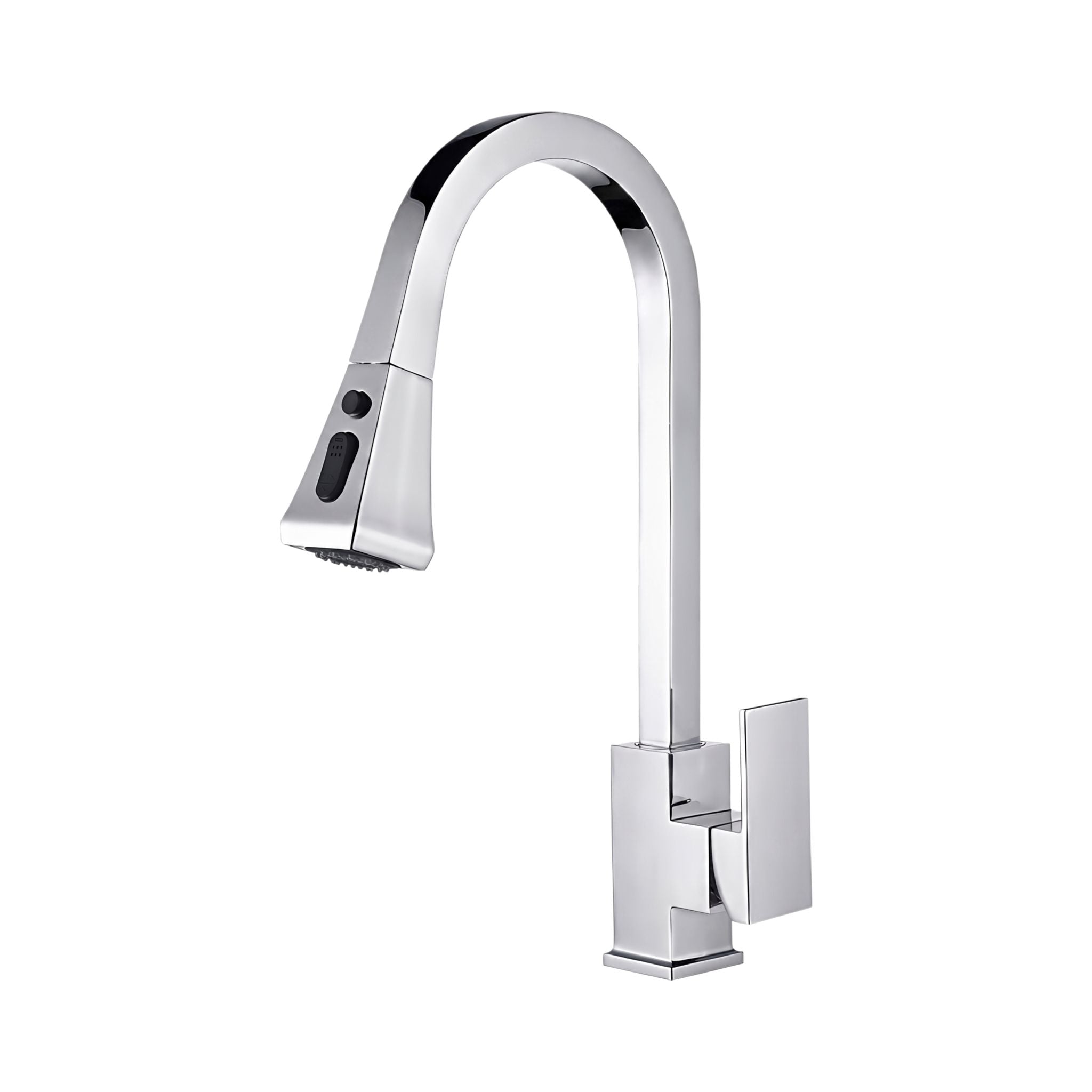 A modern pull-down kitchen faucet with a high-arc chrome gooseneck spout and a single lever handle, shown on a solid white background. #color_chrome