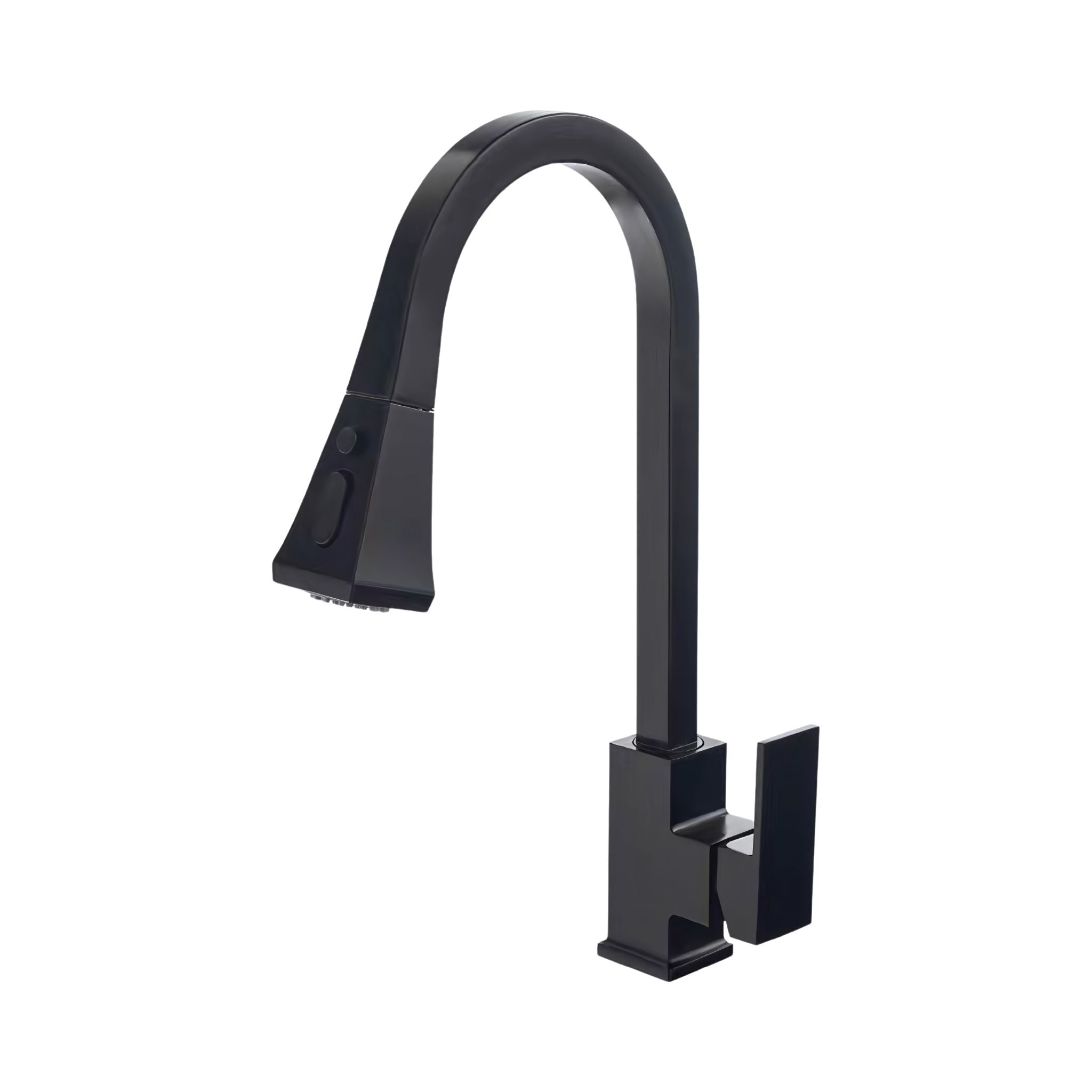 A modern matte black pull-down kitchen faucet with a high-arc spout and a single lever handle, shown on a solid white background. #color_matte black