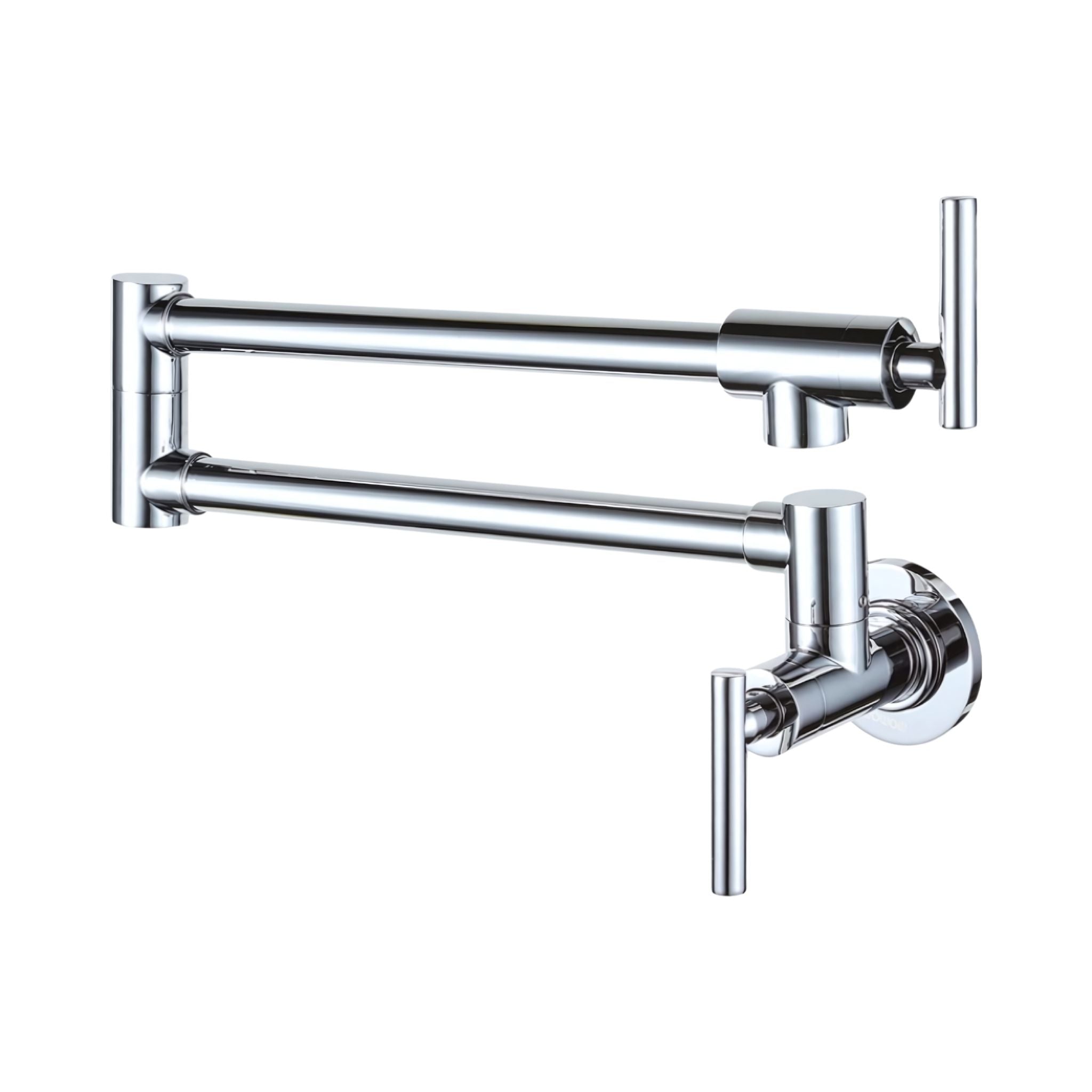 A polished chrome wall-mounted kitchen faucet with two adjustable arm spouts and vertical lever handles, shown against a plain white background. #color_chrome