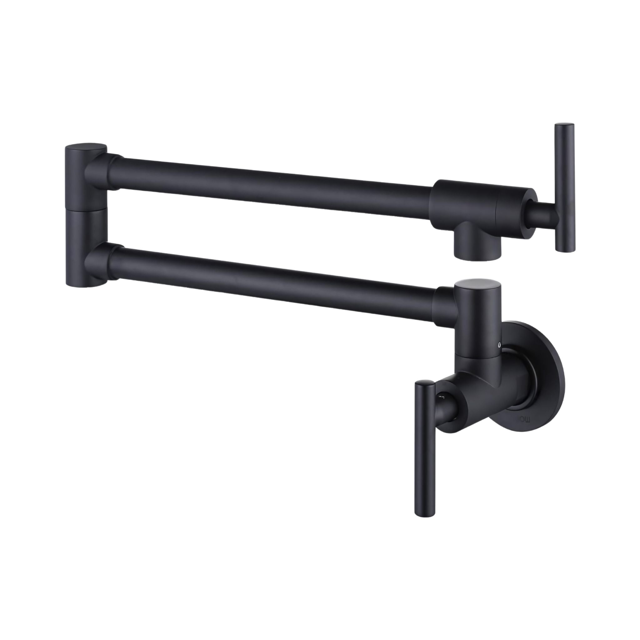 Matte black wall-mounted double arm stretch faucet with lever handles on a solid white background. #color_matte black
