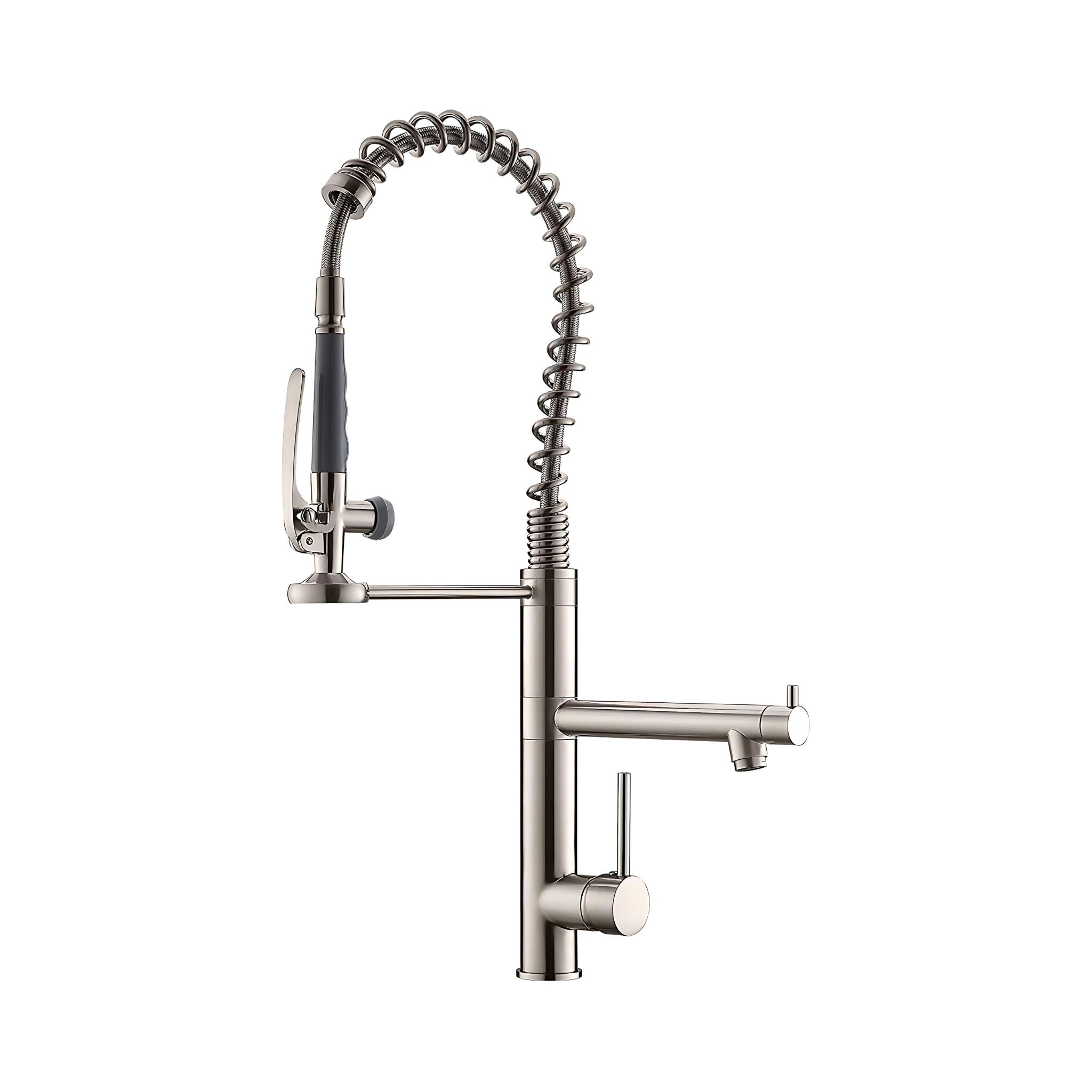 A modern kitchen faucet with a tall vertical body, single lever handle, and a flexible coiled spray arm. The faucet has a brushed metallic finish with dark gray accents on the handle grip and side adjustment knob, shown against a plain white background. #color_brushed nickel