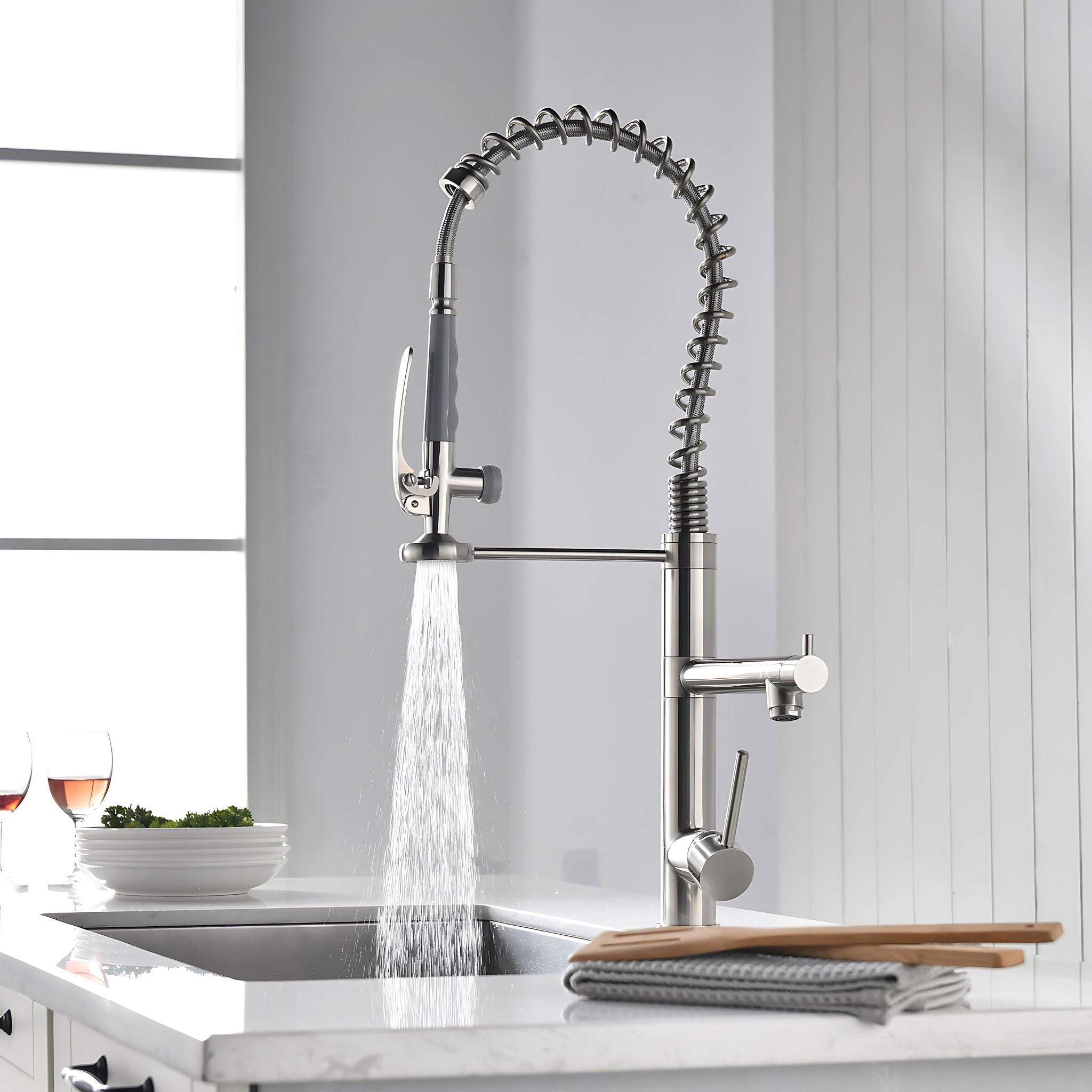 Brushed Nickel commercial kitchen faucet, pull-down sprayer in use over stainless sink #color_brushed nickel