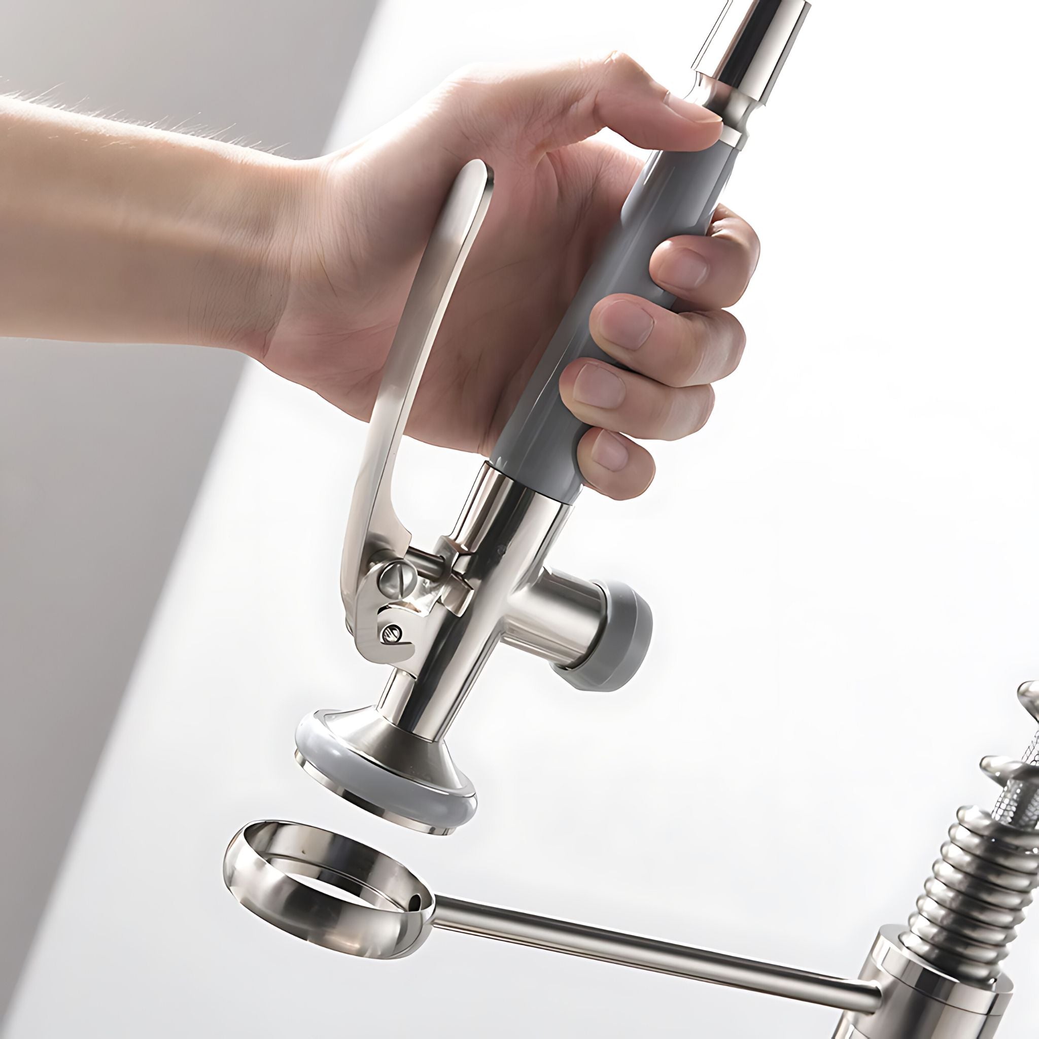 Brushed Nickel commercial kitchen faucet, hand gripping squeeze-trigger spray head, pull-down extended #color_brushed nickel