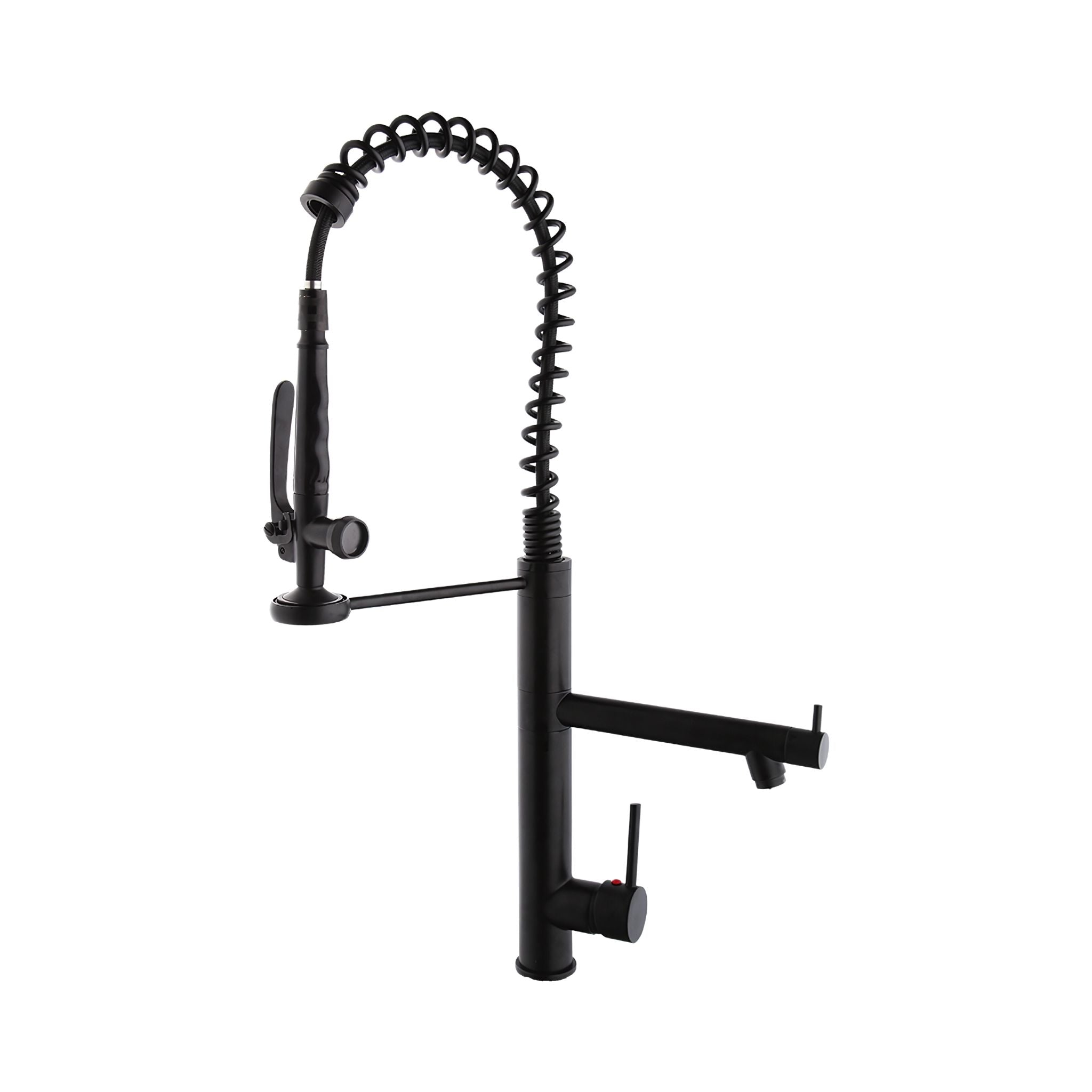 A modern kitchen faucet in matte black, featuring a tall vertical body, a flexible coiled gooseneck sprayer, a side-mounted arm with a lever handle, and a separate hot/cold valve stem on the front. #color_matte black