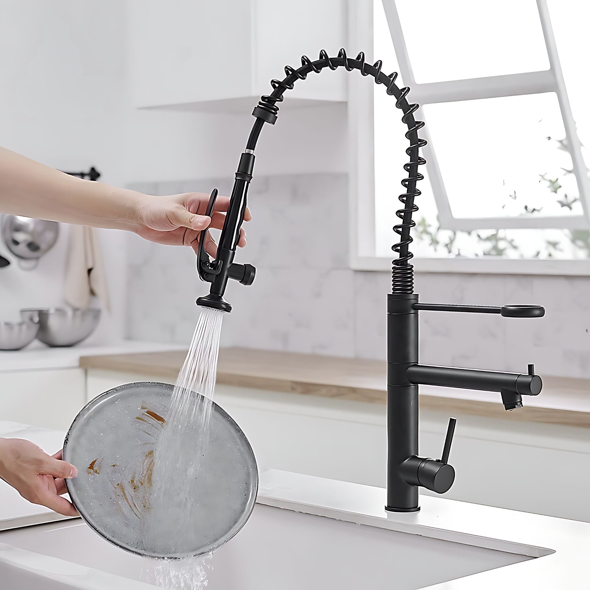 Matte Black commercial kitchen faucet, high-pressure pull-down spray rinsing dirty pan #color_matte black