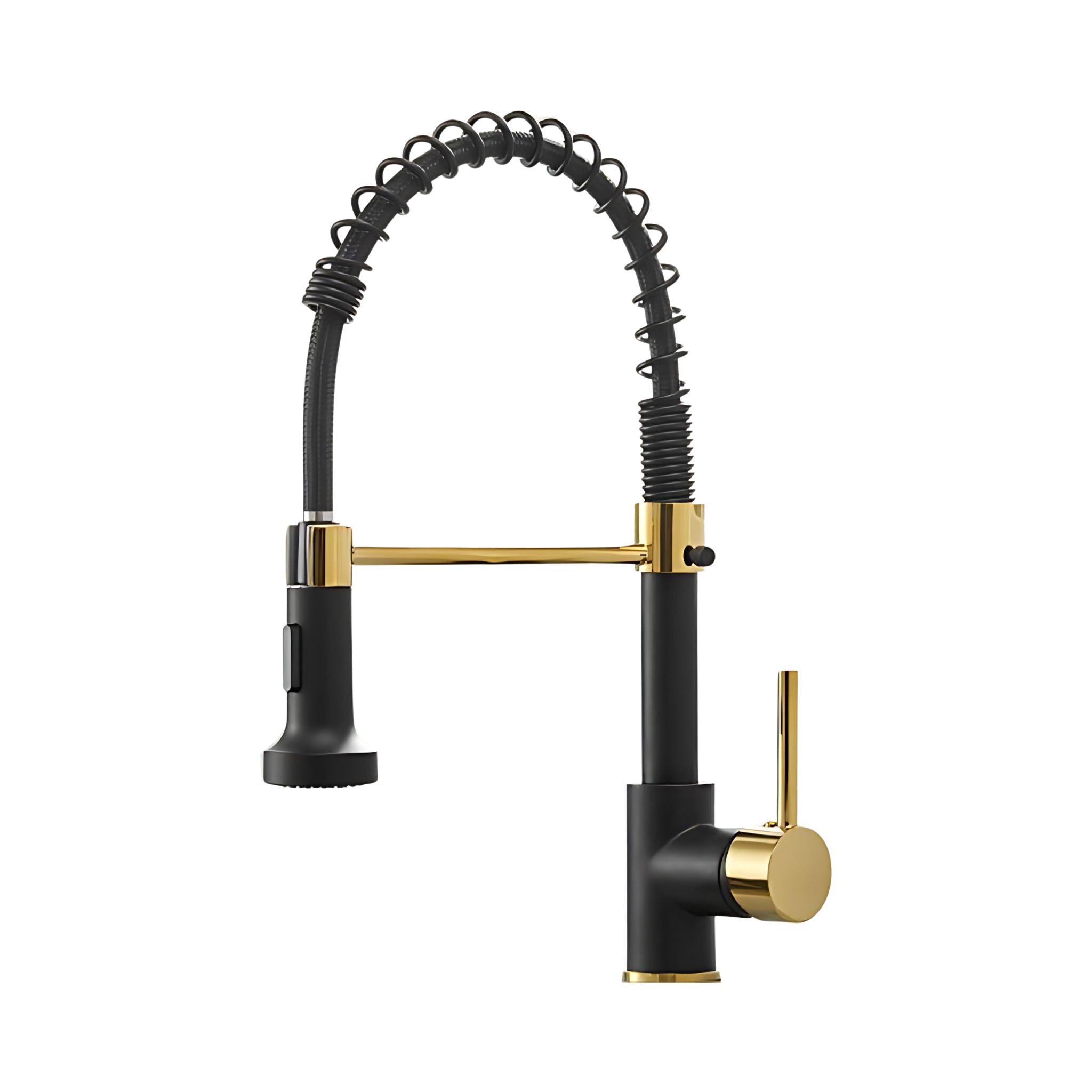 A modern kitchen faucet with a matte black body and handle, accented by brushed gold hardware, including the base trim, spray arm joint, and side lever. It features a flexible, coiled gooseneck spray arm with a detachable spray head, shown against a solid white background. #color_matte black and gold