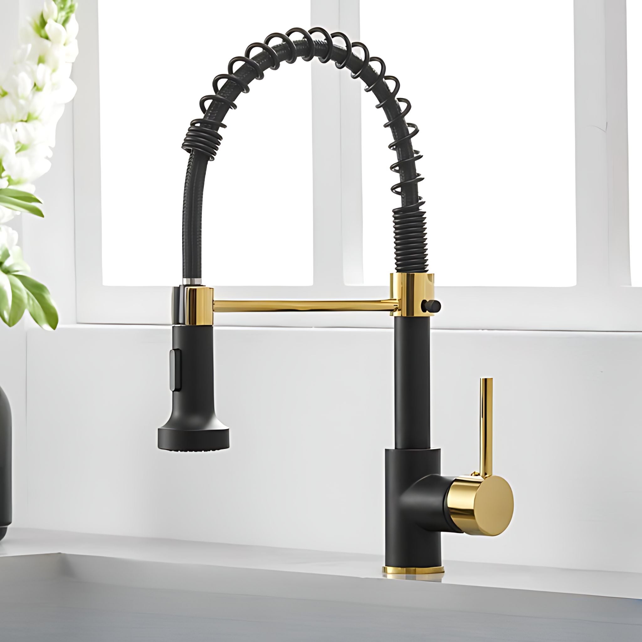 A modern kitchen faucet with a matte black body and handle, accented by polished gold-toned metal trim and a gold crossbar. It features a flexible, coiled gooseneck spout and a pull-out spray head, mounted on a white sink countertop in front of a bright window. #color_matte black and gold