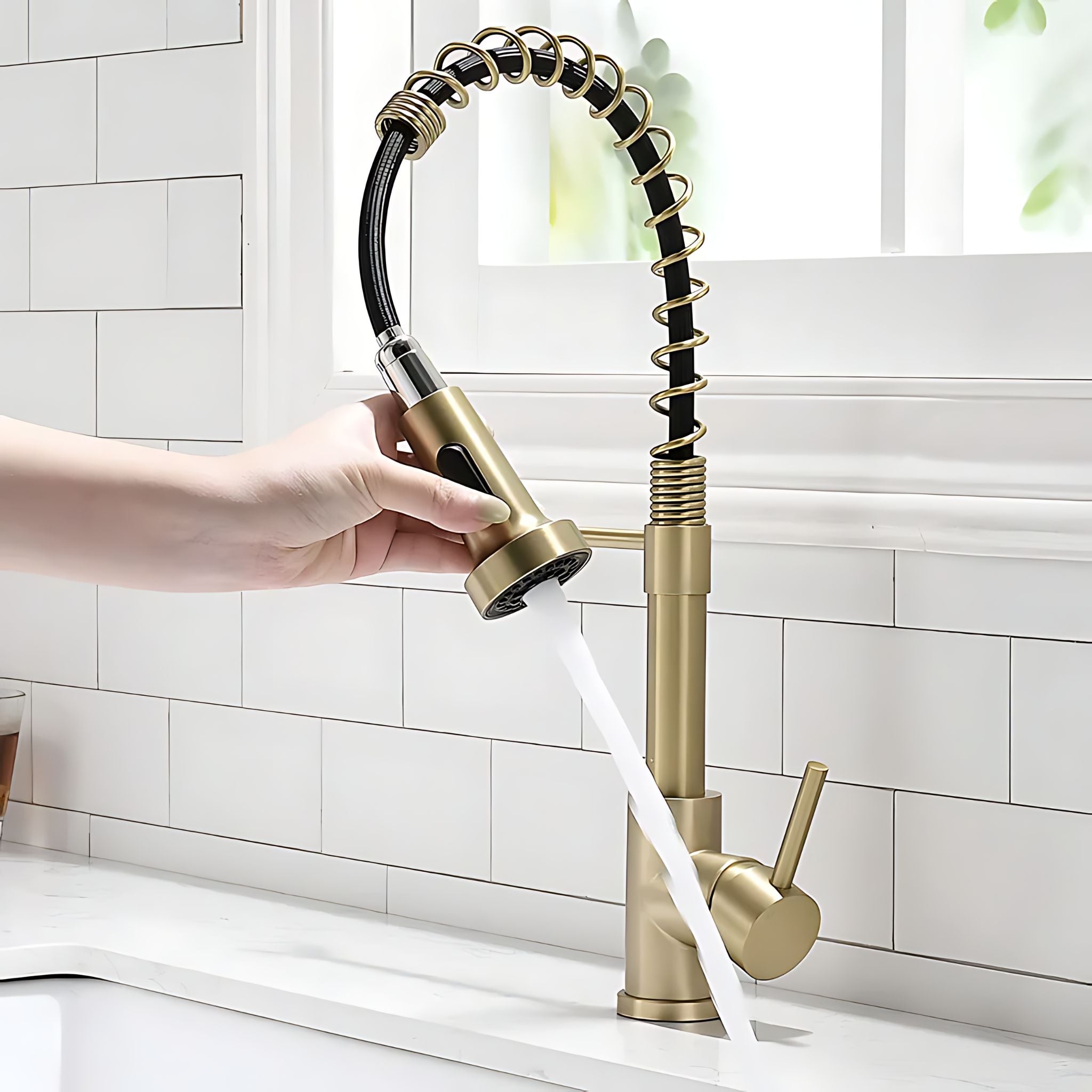A modern pull-down faucet in brushed brass/gold with a flexible black and brass spring hose, shown with water running while a hand holds the spray head in a bright kitchen with white subway tile. #color_brushed gold