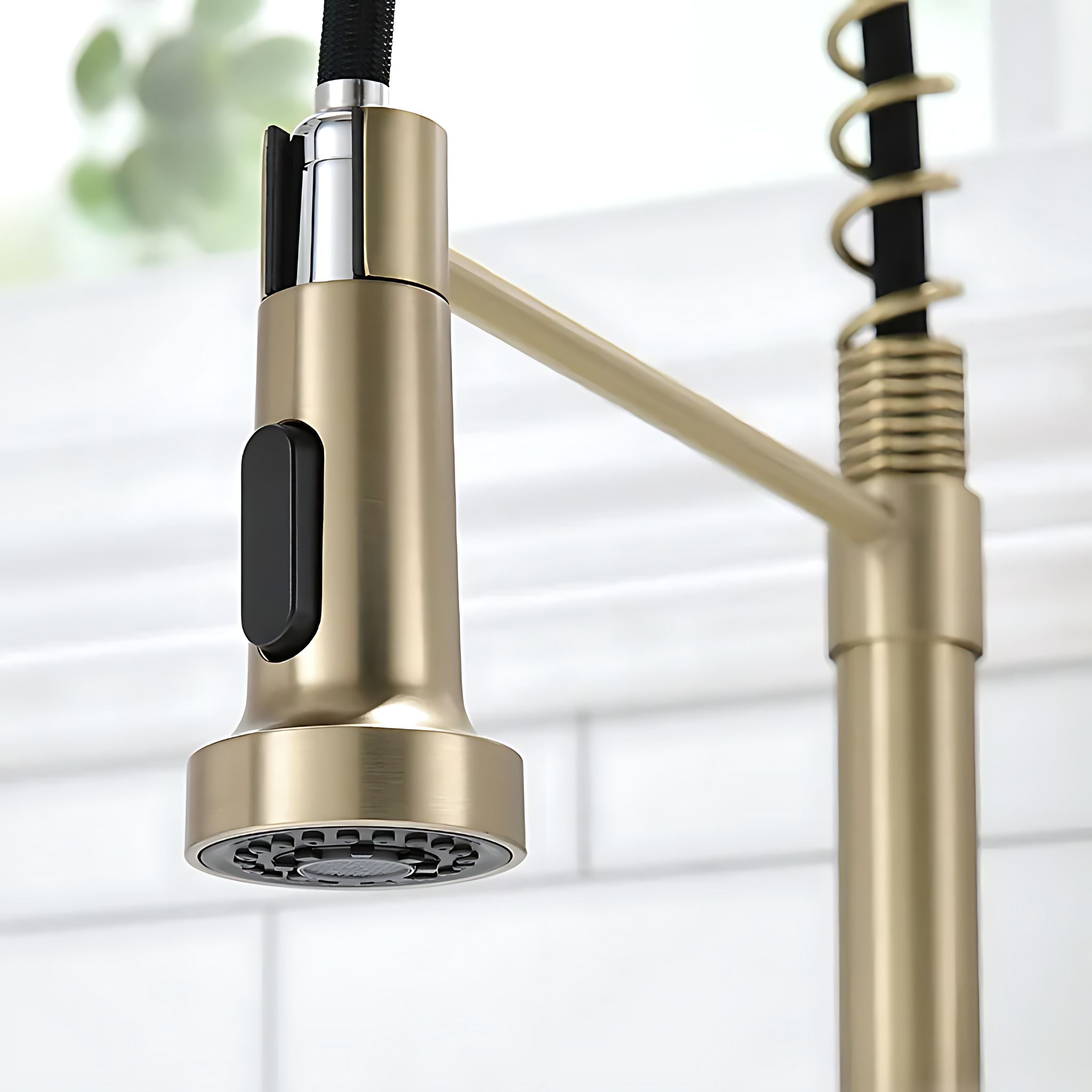 A close-up of a pull-down kitchen faucet with a brushed gold finish, black accents, and a black flexible hose, shown against a bright white tiled background. #color_brushed gold