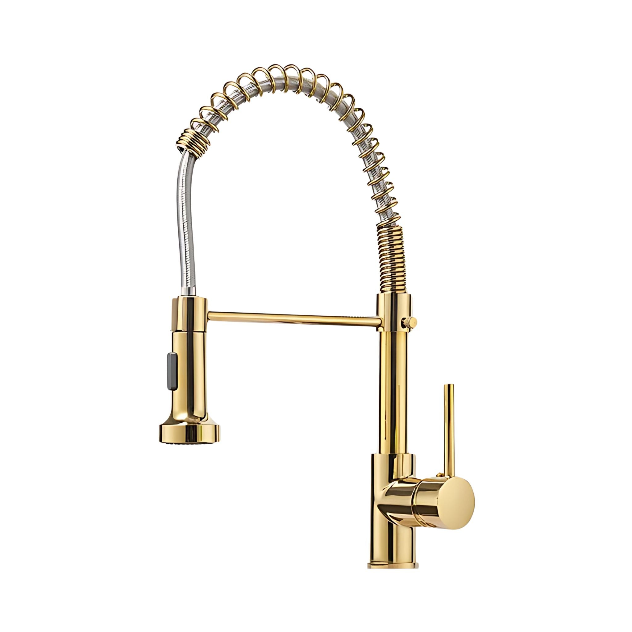 A modern kitchen faucet with a polished gold finish, featuring a flexible coiled spring neck, a side-mounted spray head, and a single lever handle on a plain white background. #color_gold