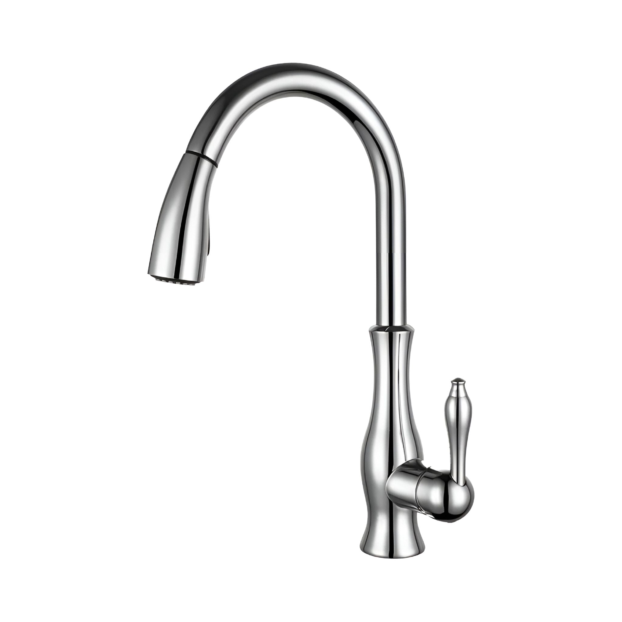 A modern high-arc pull-down kitchen faucet with a polished chrome finish and a single lever handle, shown against a plain white background. #color_chrome