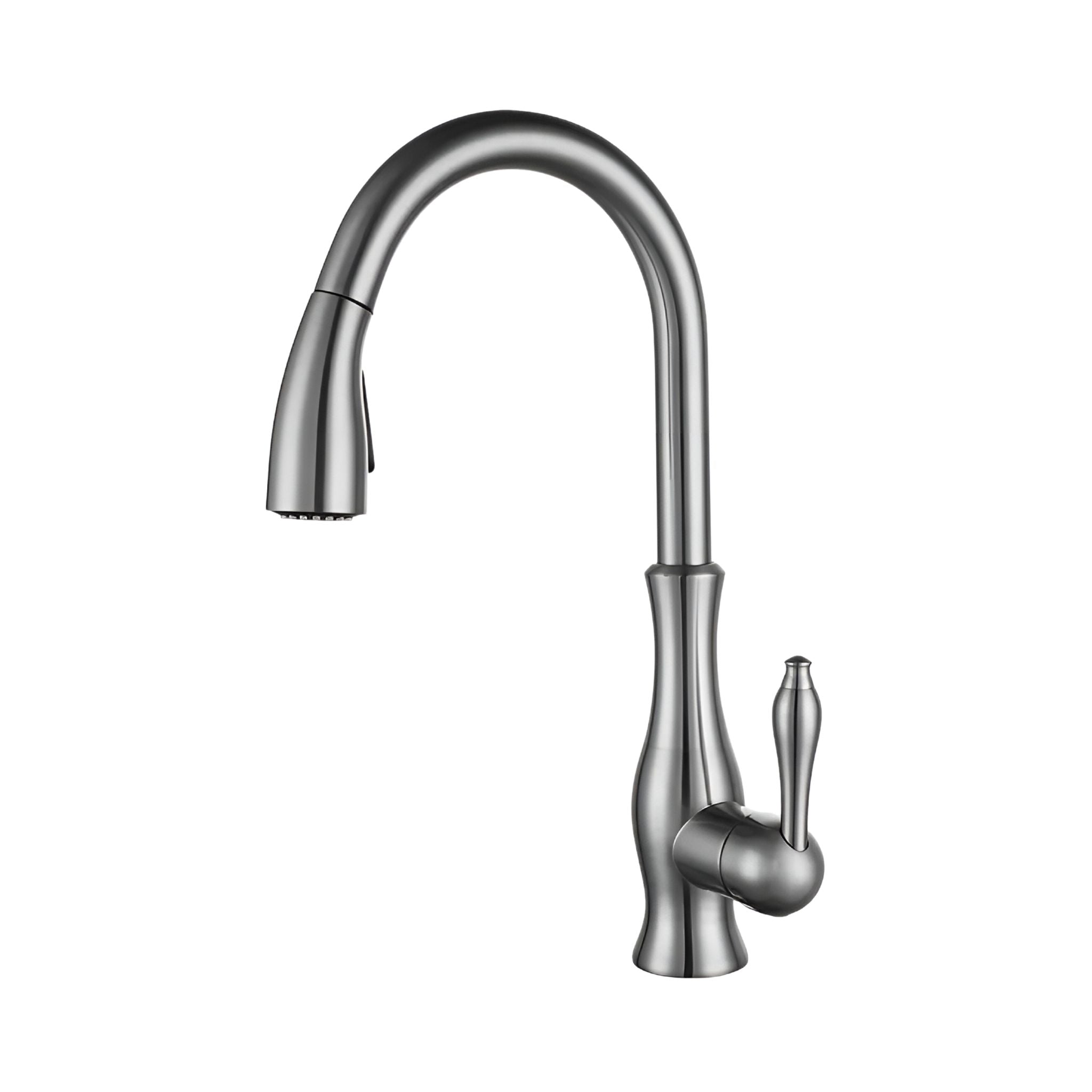 A modern pull-down kitchen faucet with a curved gooseneck spout and a single lever handle, finished in a brushed nickel finish, isolated on a white background. #color_brushed nickel