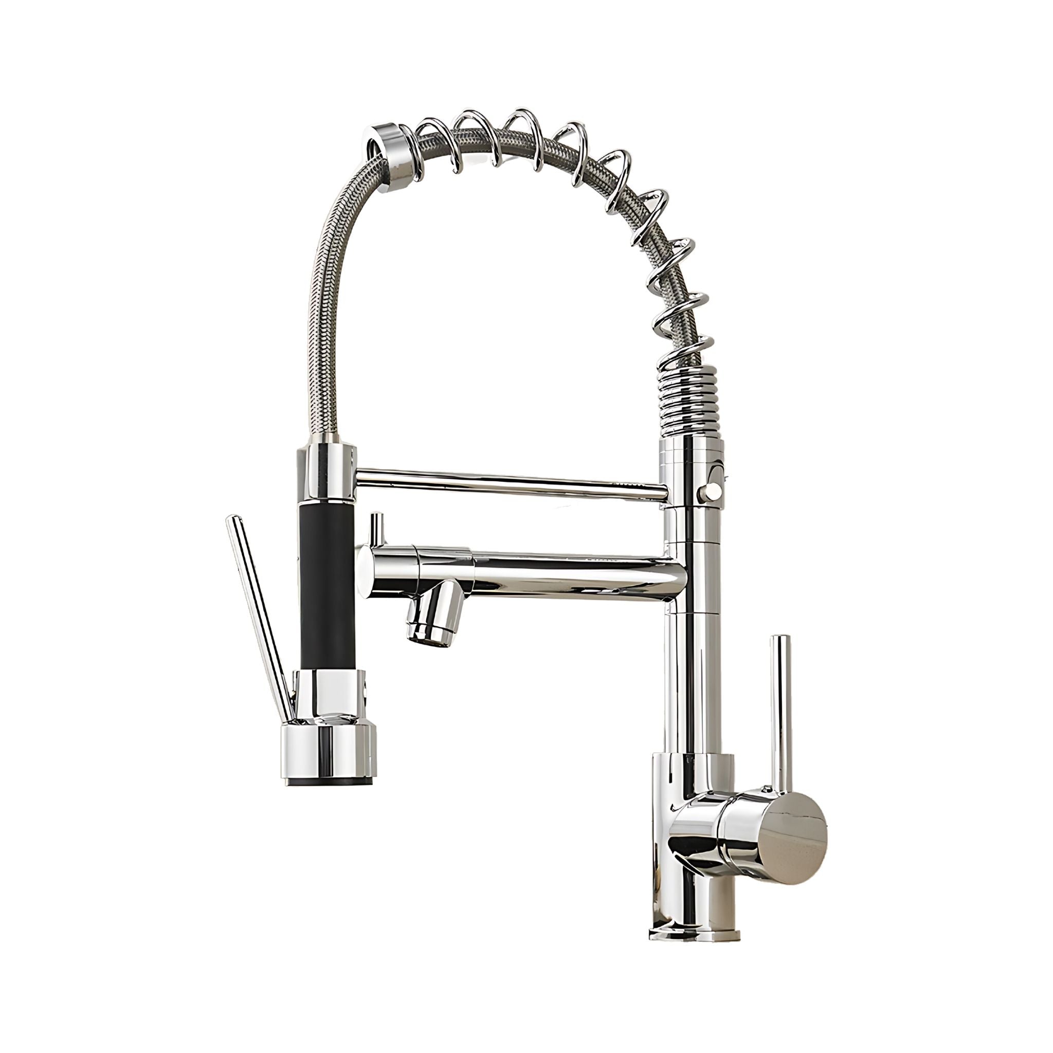 Chrome pull-down kitchen faucet with spring spout and pot filler arm shown #color_chrome