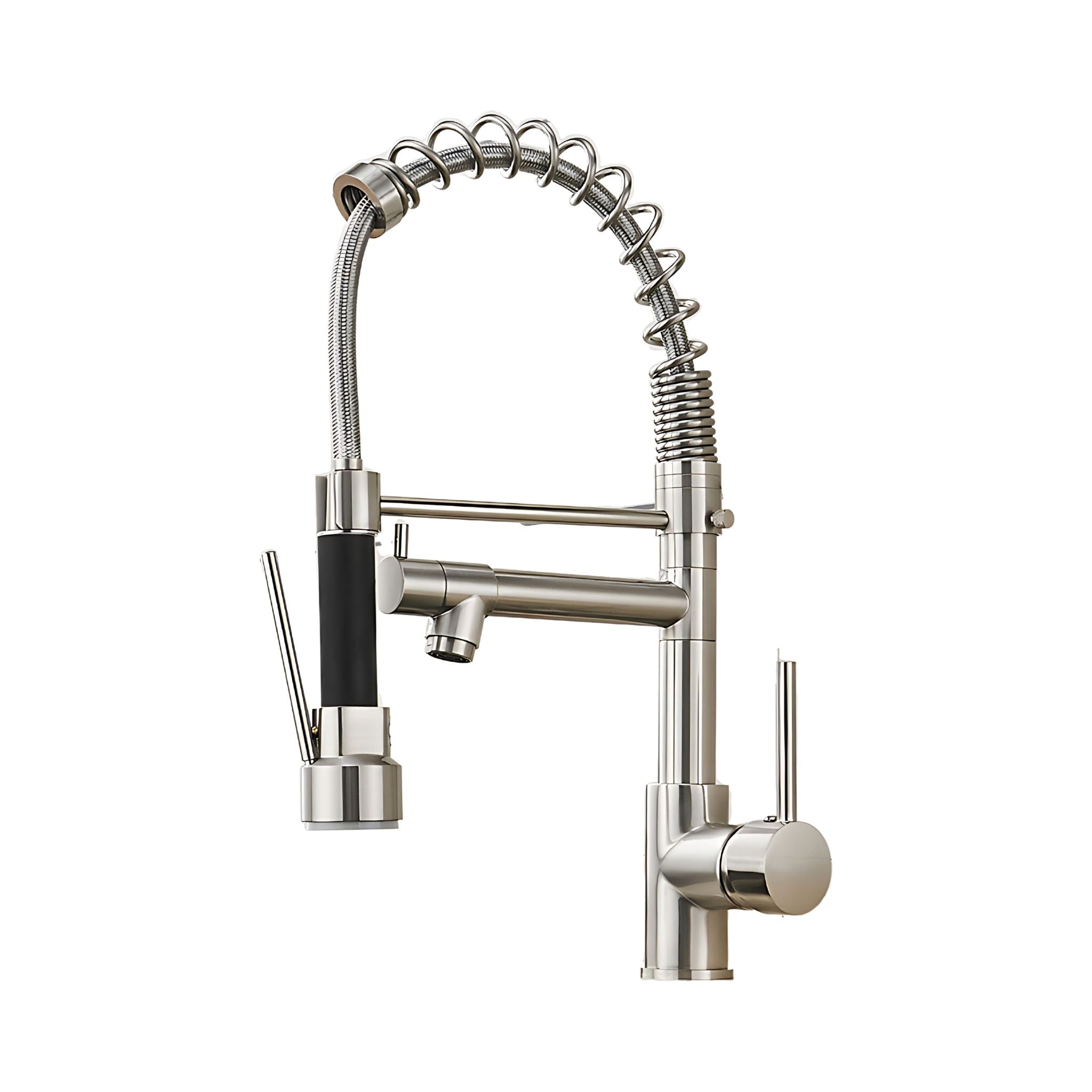 A modern pull-down kitchen faucet with a flexible coiled hose, chrome finish, and a side-mounted lever handle, shown on a plain white background. #color_brushed nickel