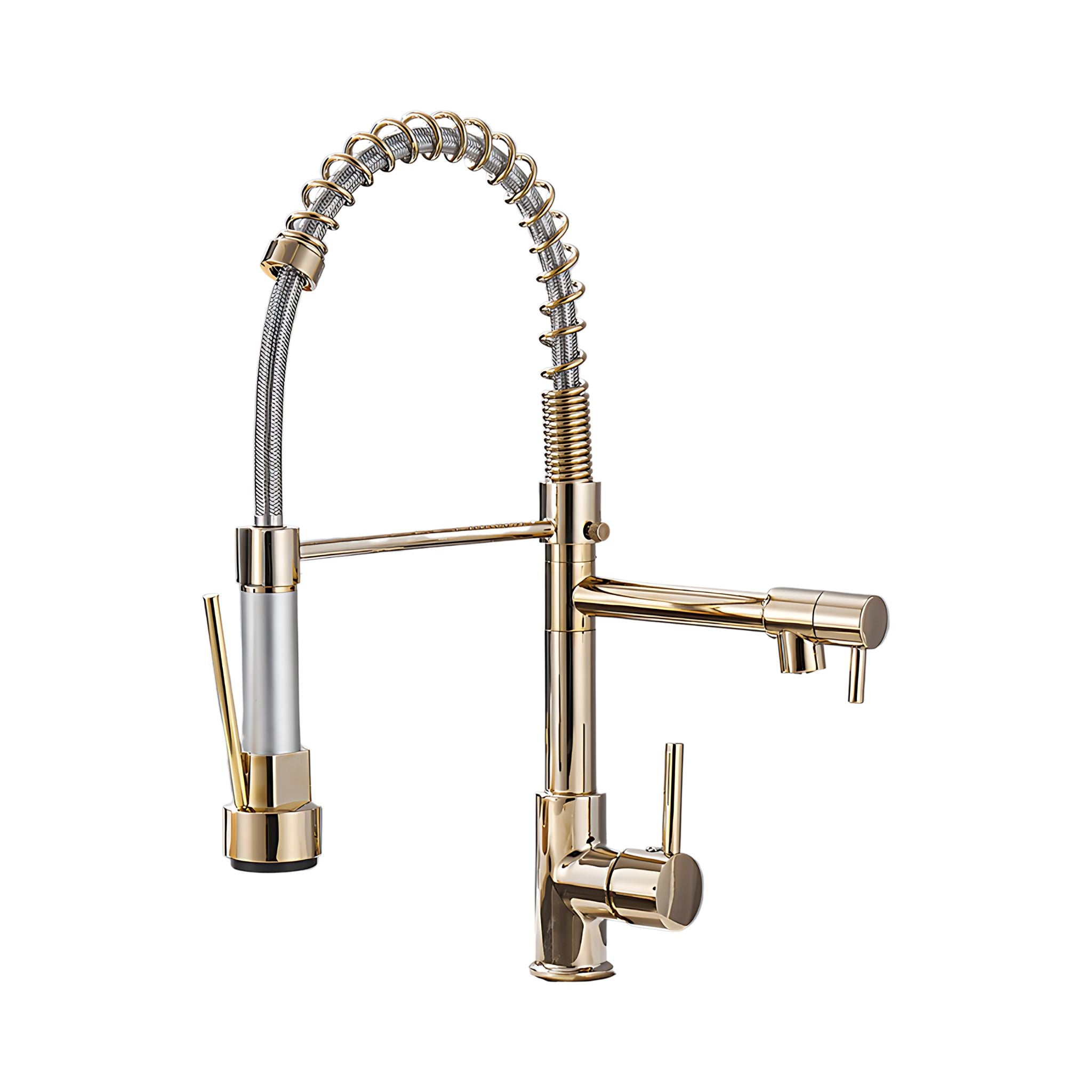 A modern kitchen faucet with a polished gold finish and a flexible spring-coiled hose, shown on a plain white background. #color_gold