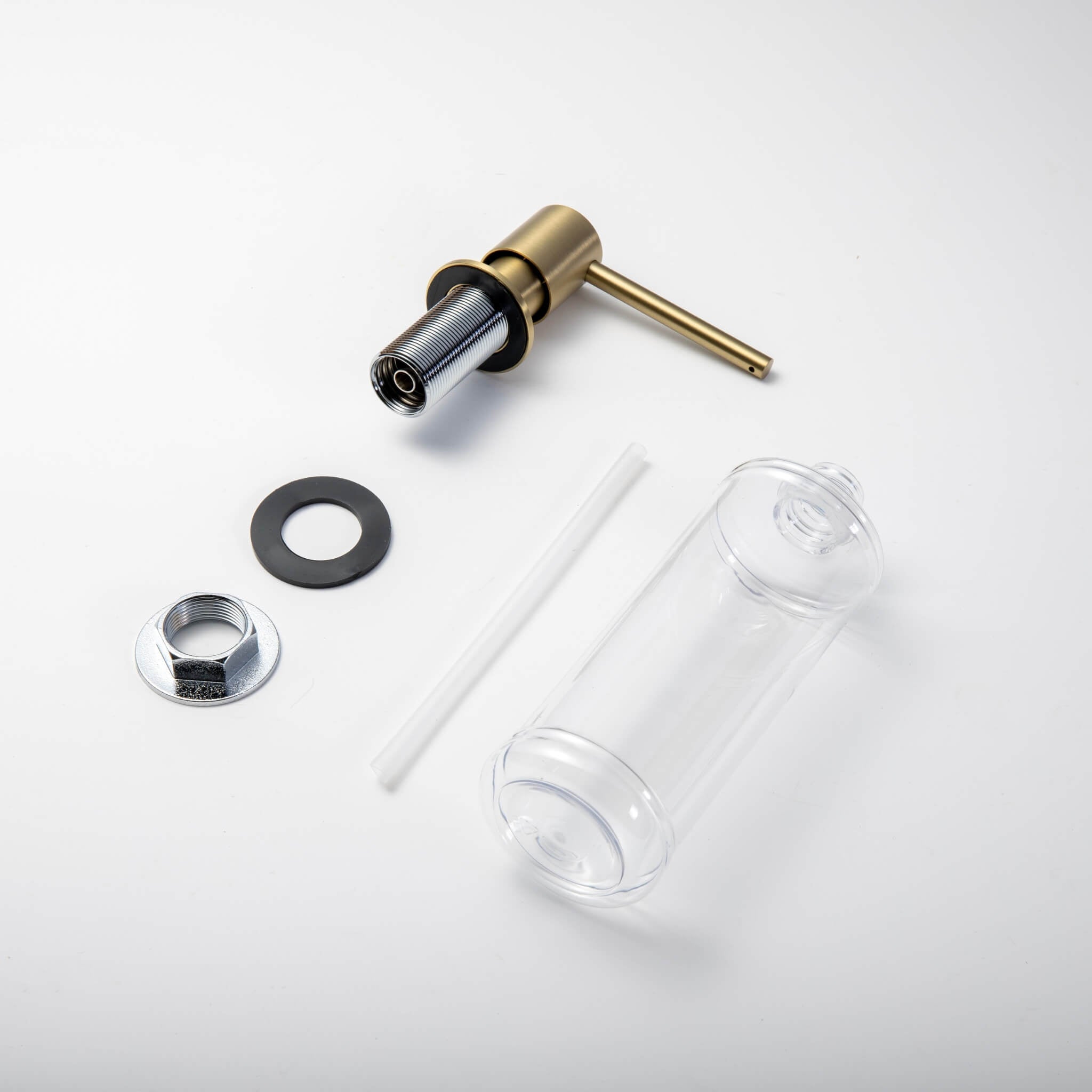 Berg Kitchen Sink Soap Dispenser components in Brushed Gold finish, showing bottle, pump, and mounting hardware.