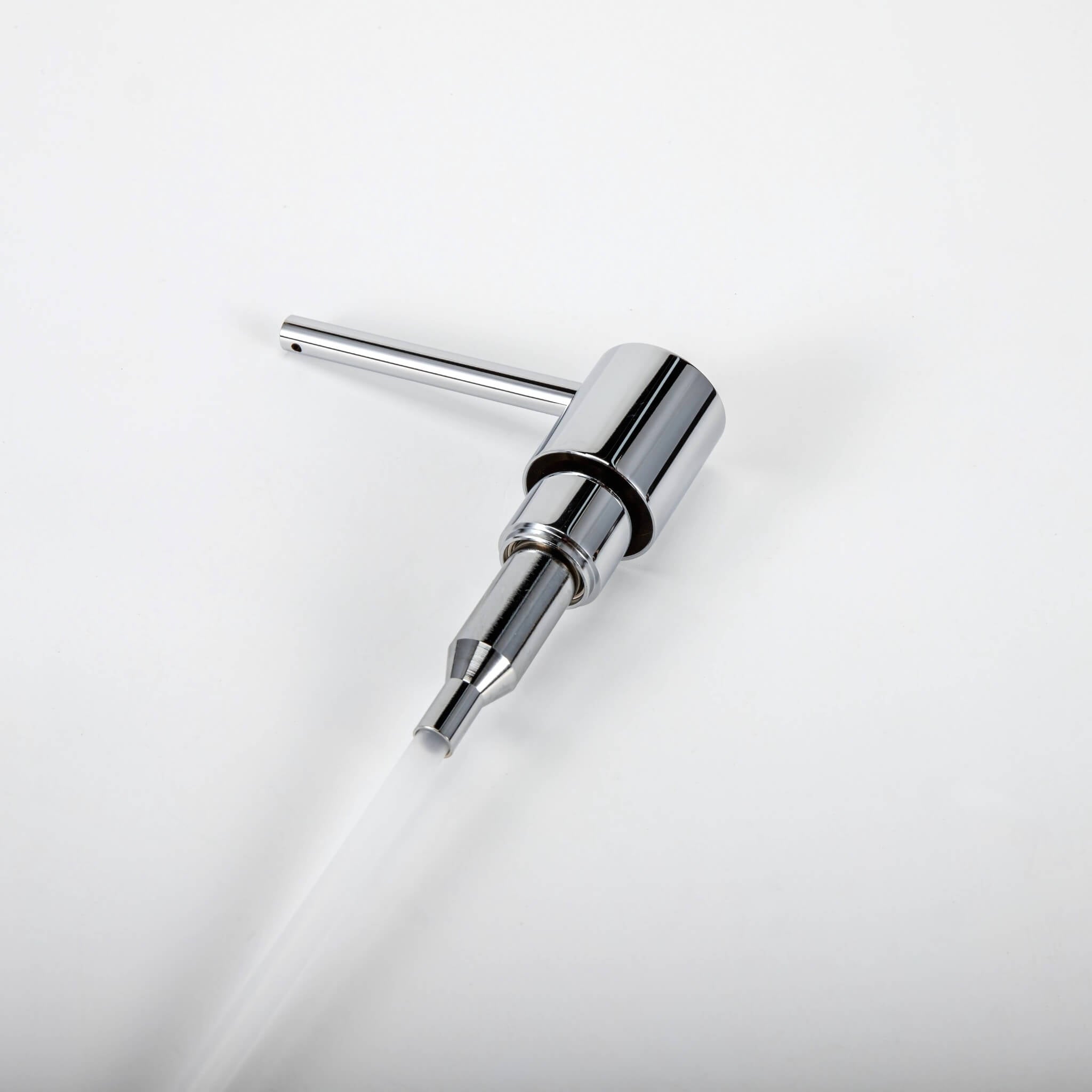 A stainless steel kitchen sink soap dispenser with a chrome finish with a white background.