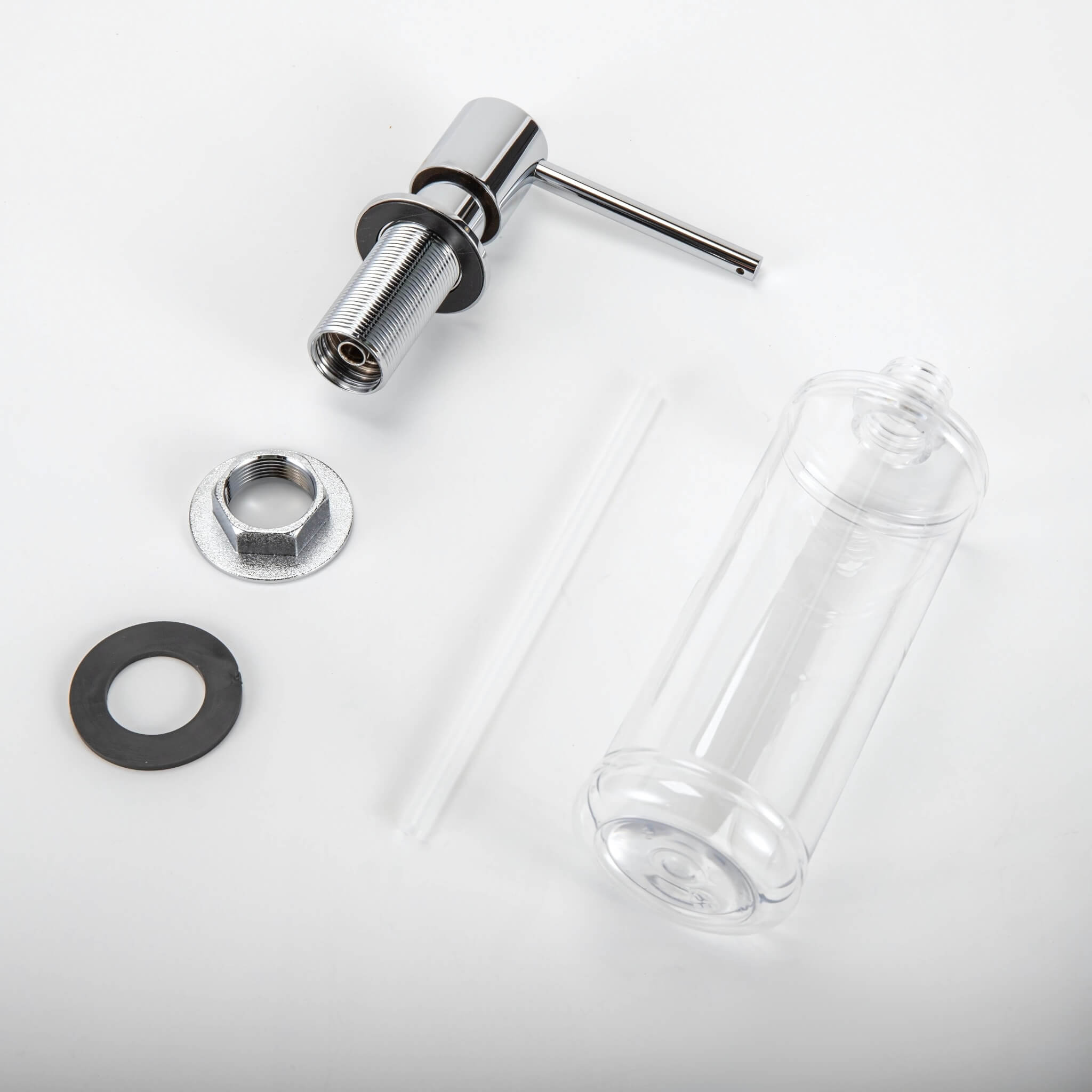 A stainless steel kitchen sink soap dispenser with a clear container and a chrome finish