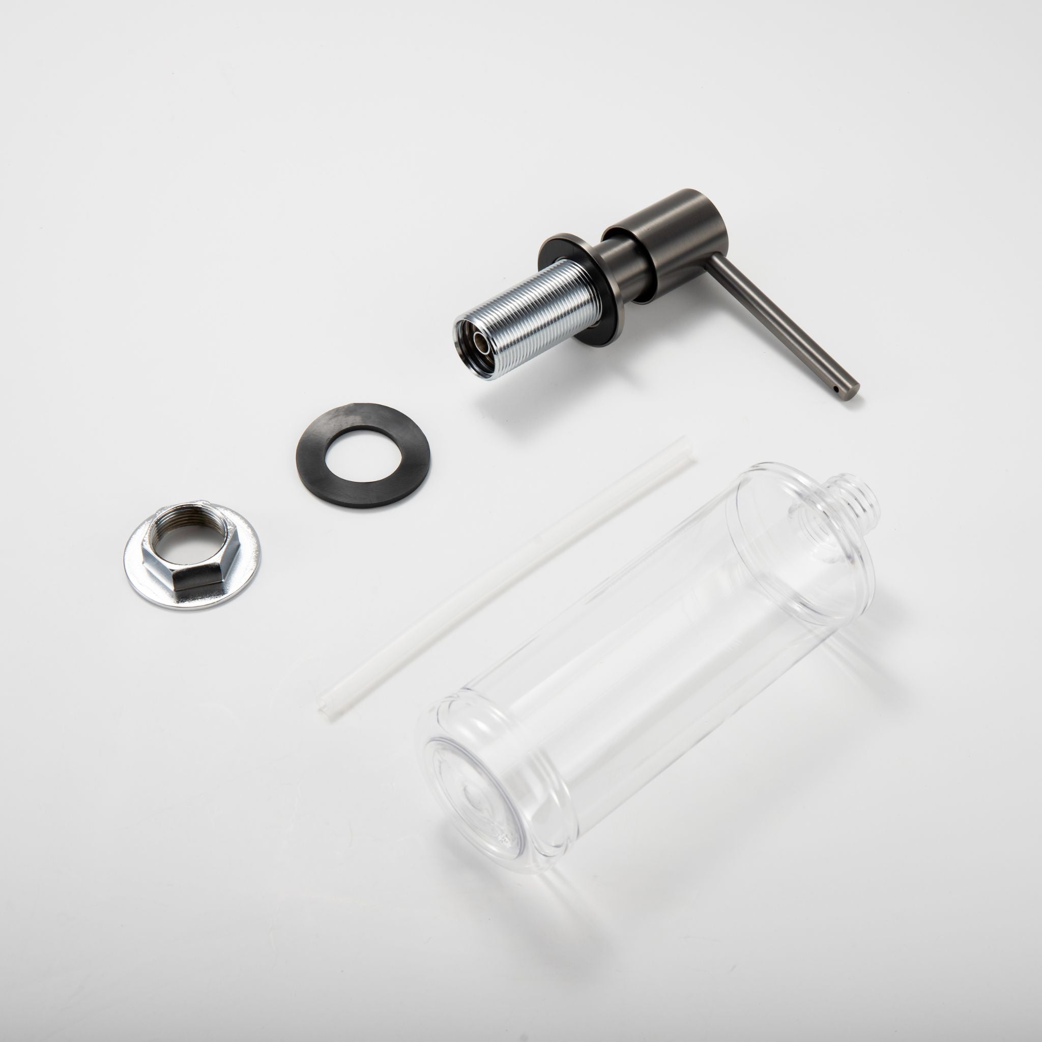 Berg Kitchen Sink Soap Dispenser components in Gunmetal Gray finish, showing bottle, pump, and mounting hardware.