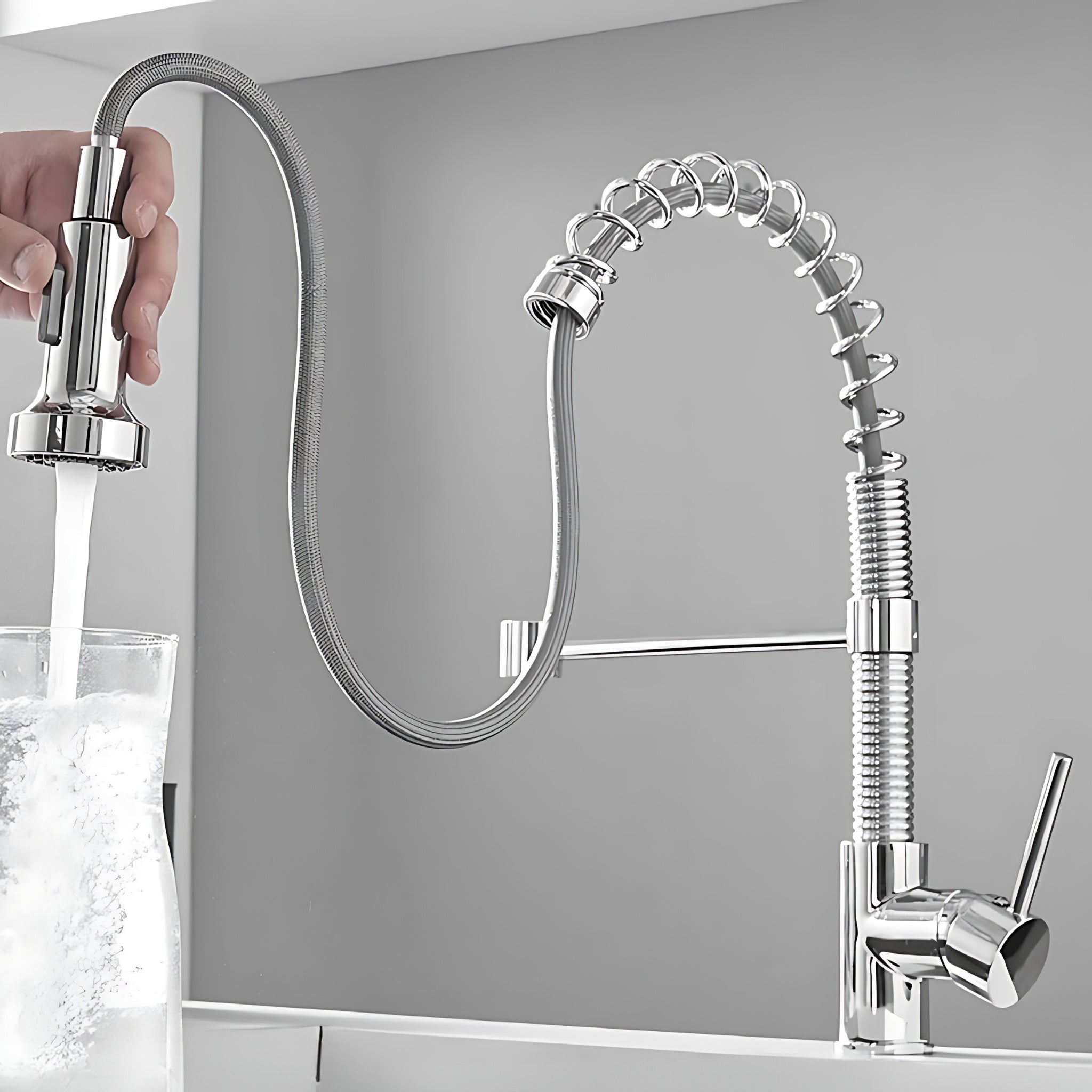 Spiro v2.0 chrome kitchen faucet sprayer head held out on the hose, filling a glass in stream mode #color_chrome