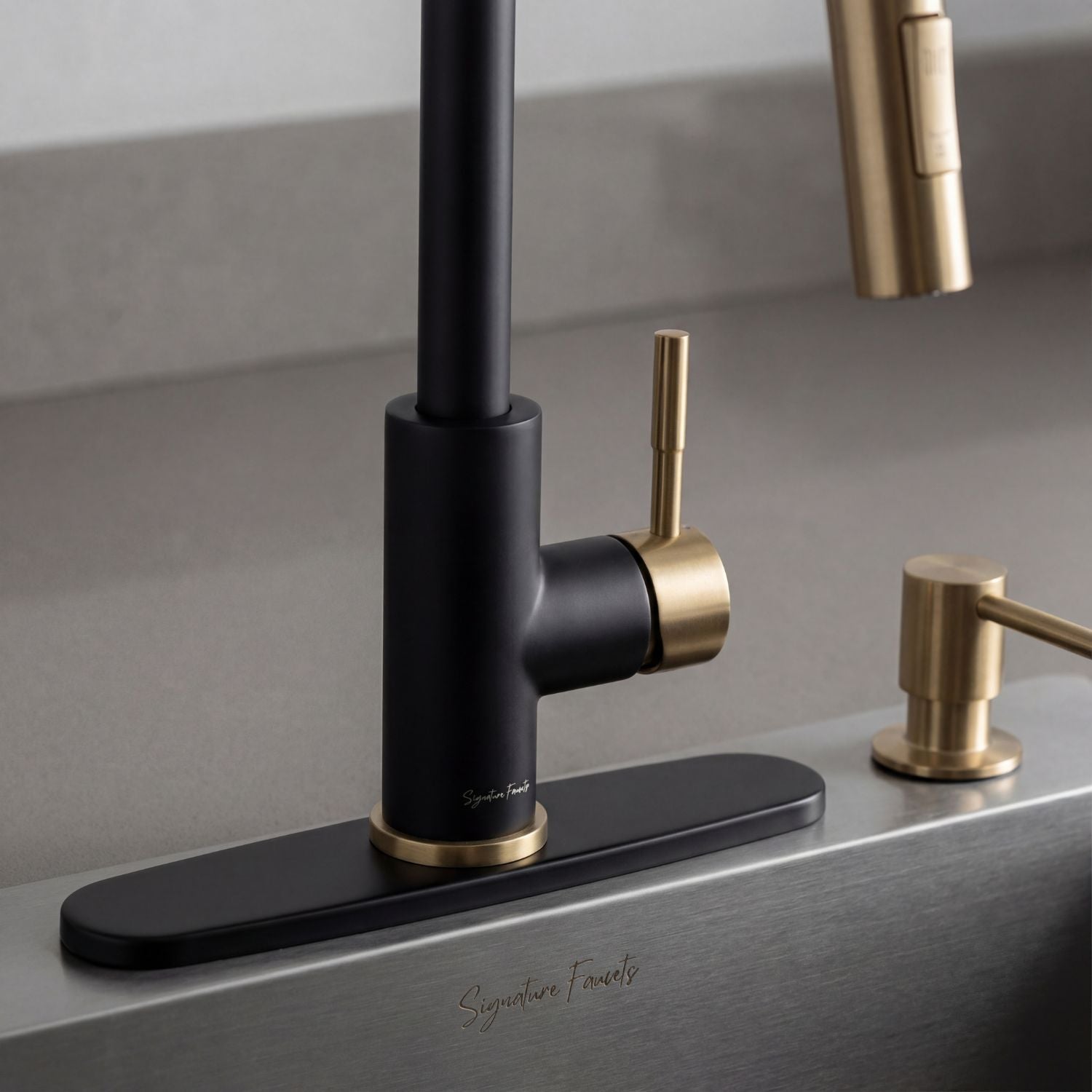 Signature Faucets Imperium stainless steel touch kitchen faucet in matte black and brushed gold finish, along with the Bourg soap dispenser in brushed gold finish and Concetta sink plate in matte black finish, all in our kitchen accessories collection.