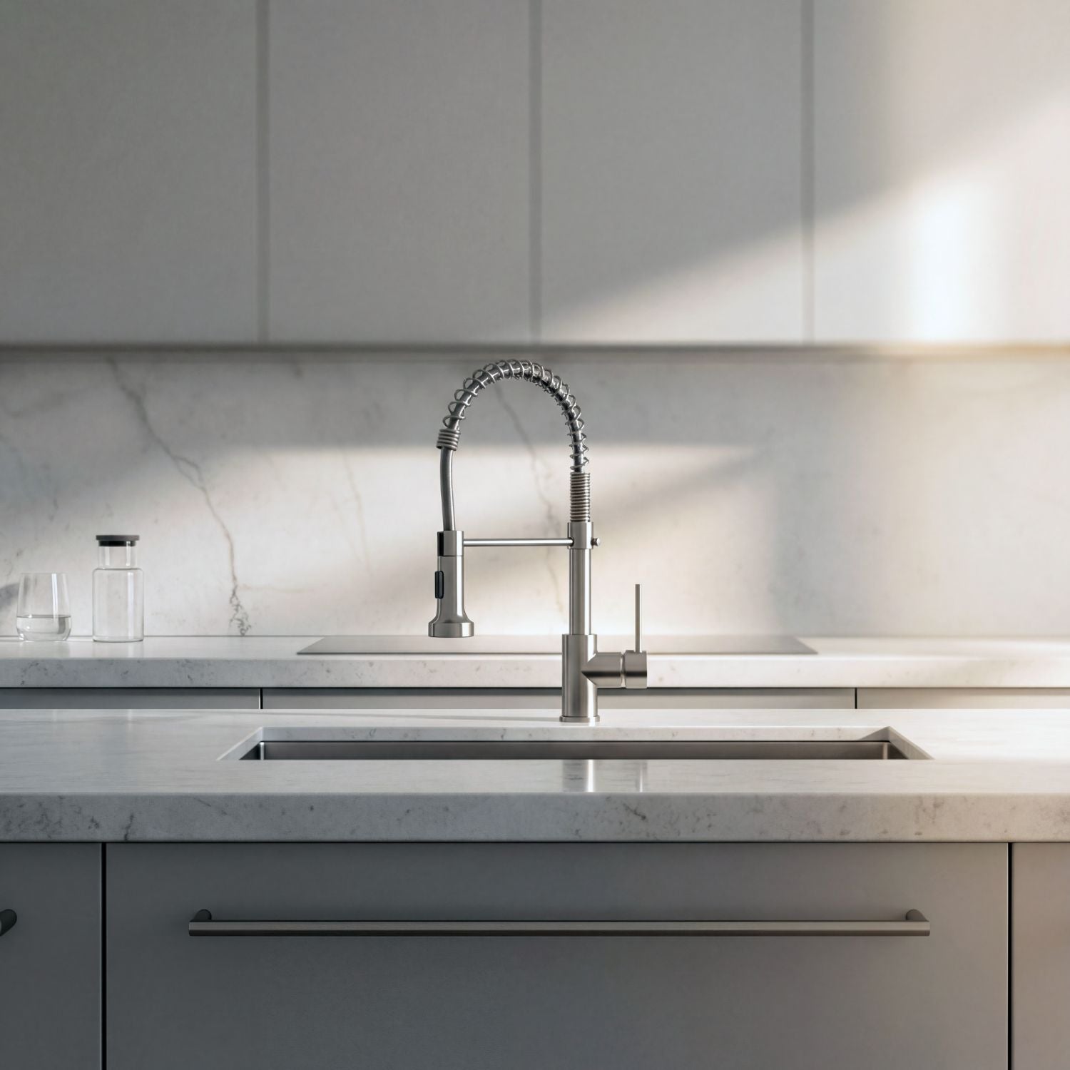 Signature Faucets Spiro stainless steel single-hole kitchen faucet with pull-down spring spout in a brushed nickel finish, set in a modern marble kitchen, part of our kitchen faucet collection.