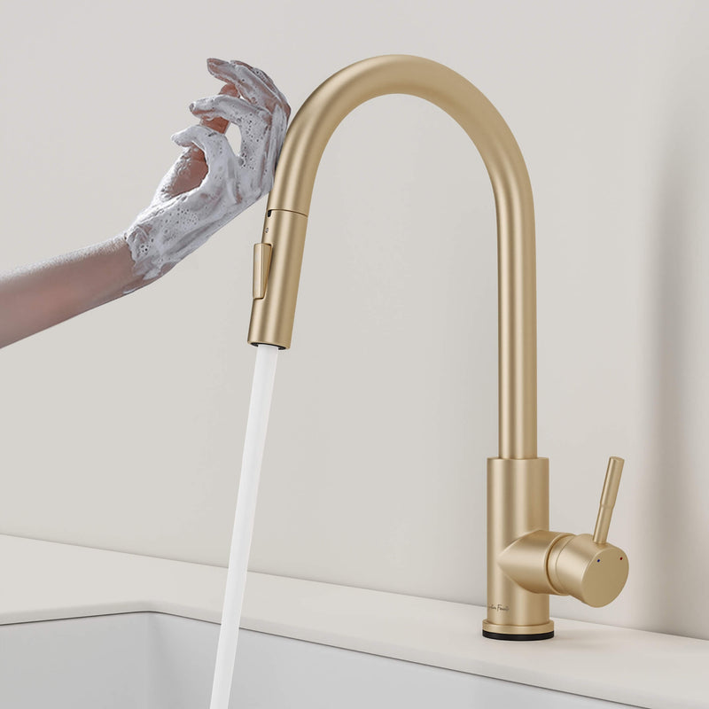 Stainless steel kitchen faucet - Imperium Touch Control Dual Function Pull Out sprayer Spout Kitchen Faucet - Brushed Gold - Signature Faucets #color_brushed gold