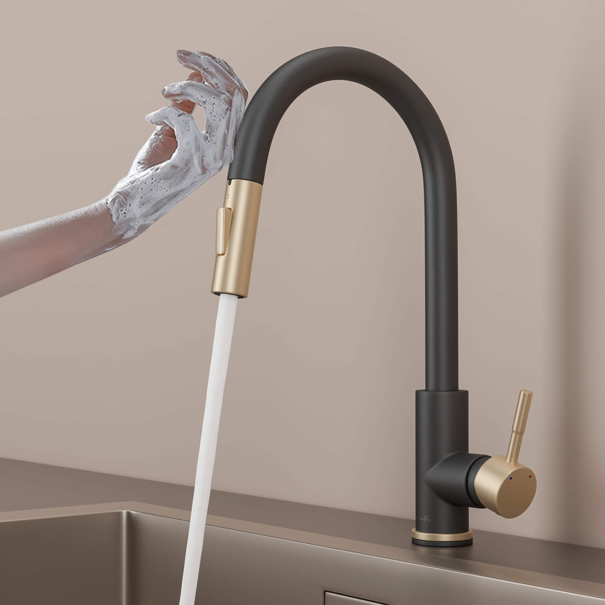 Stainless steel kitchen faucet - Imperium Touch Control Dual Function Pull Out sprayer Spout Kitchen Faucet - Brushed Gold - Signature Faucets #color_matte black and brushed gold