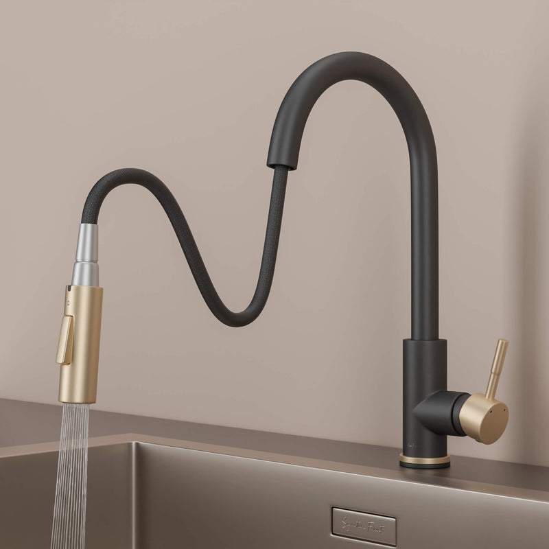 Stainless steel kitchen faucet - Imperium Touch Control Dual Function Pull Out sprayer Spout Kitchen Faucet - Brushed Gold - Signature Faucets #color_matte black and brushed gold