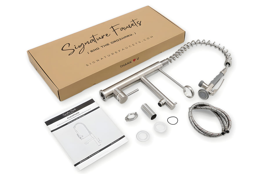 Klempner Commercial Kitchen Faucet with Pull-Down Sprayer & Pot Filler — what's included in the box