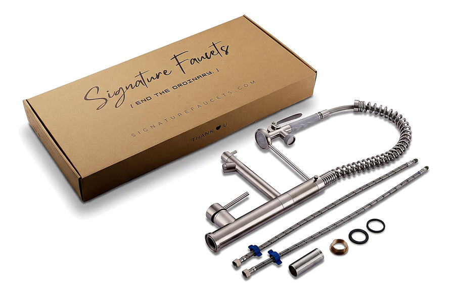 Klempner Commercial Kitchen Faucet with Pull-Down Sprayer & Pot Filler — what's included in the box
