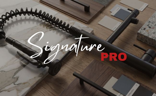 Flat lay presentation of the Klempner professional pull-down kitchen faucet in a matte black finish, displayed on a wooden surface alongside interior design material swatches including marble, wood, and paint chips, with a Signature PRO partner program logo overlay.