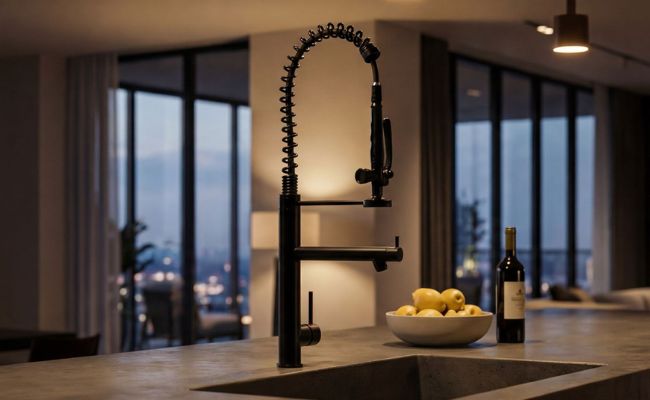 Klempner Professional Pull Down Spray Dual Handle Swivel Spout Kitchen Faucet in matte black, installed on a modern concrete kitchen island. A bowl of yellow lemons and a bottle of wine sit on the counter beside it, with a blurred city skyline visible through large windows in the background.
