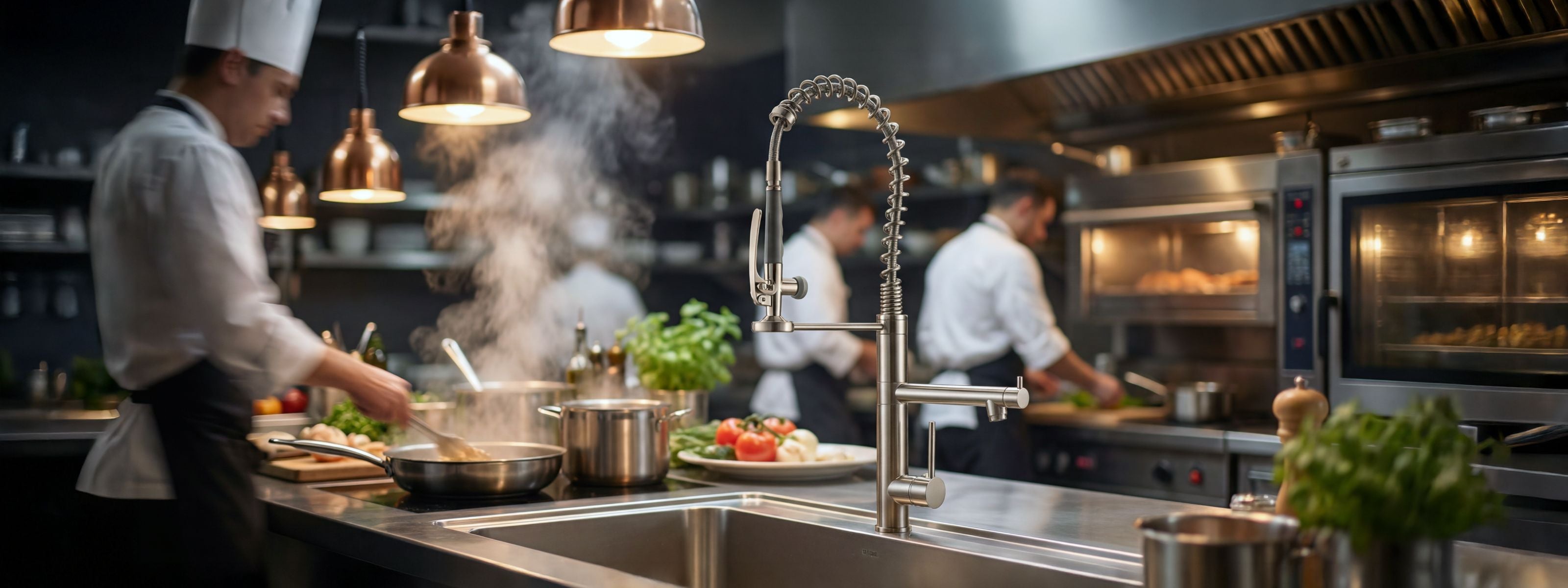 Signature Faucets Klempner stainless steel professional pull-down spray kitchen faucet in brushed nickel finish, featured in a busy restaurant kitchen scene with chefs cooking in the background.