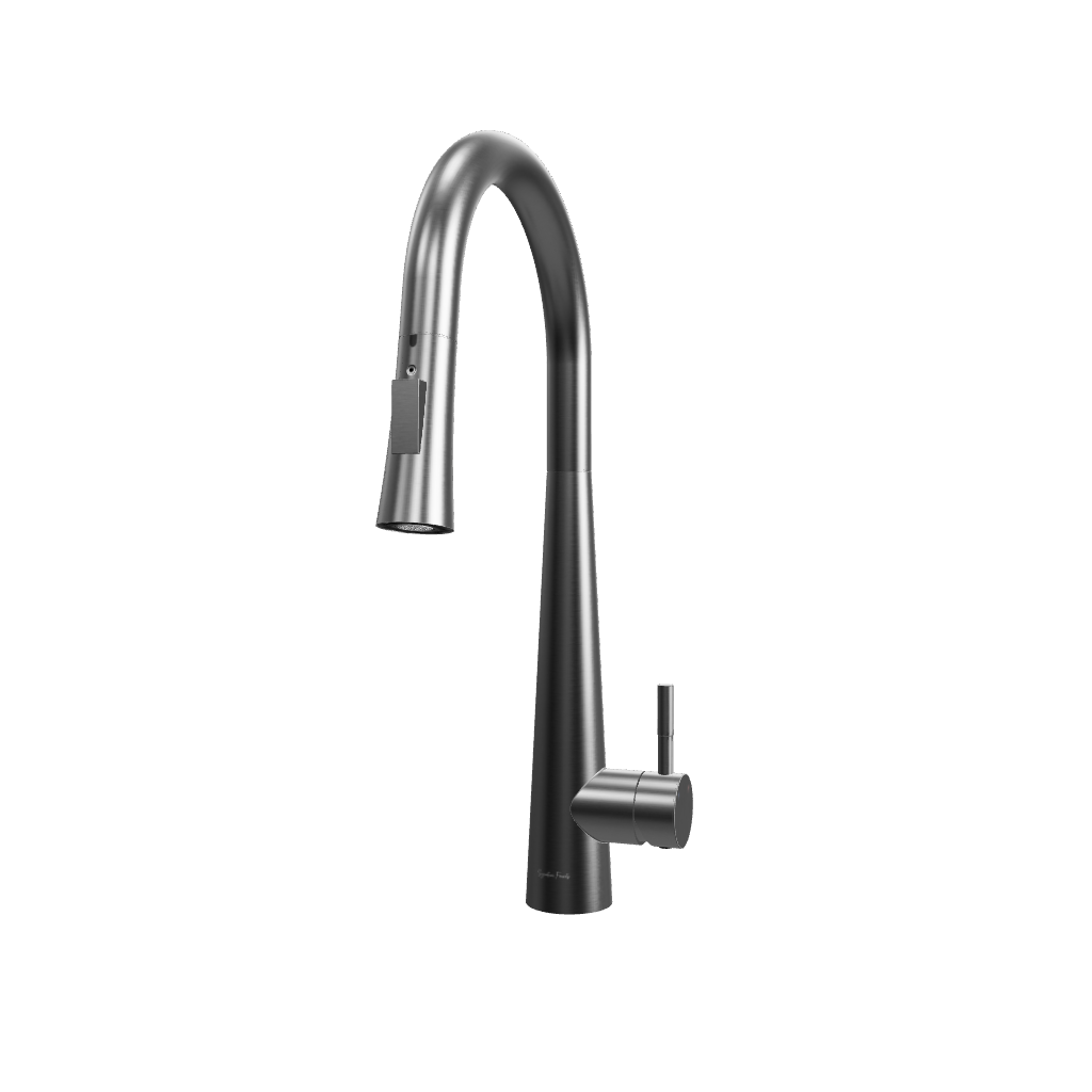 3D model of Arcus Touch Kitchen Faucet with Pull-Down Sprayer in brushed nickel finish — interactive view showcasing sleek modern design and touch-activated functionality by Signature Faucets. #color_brushed nickel