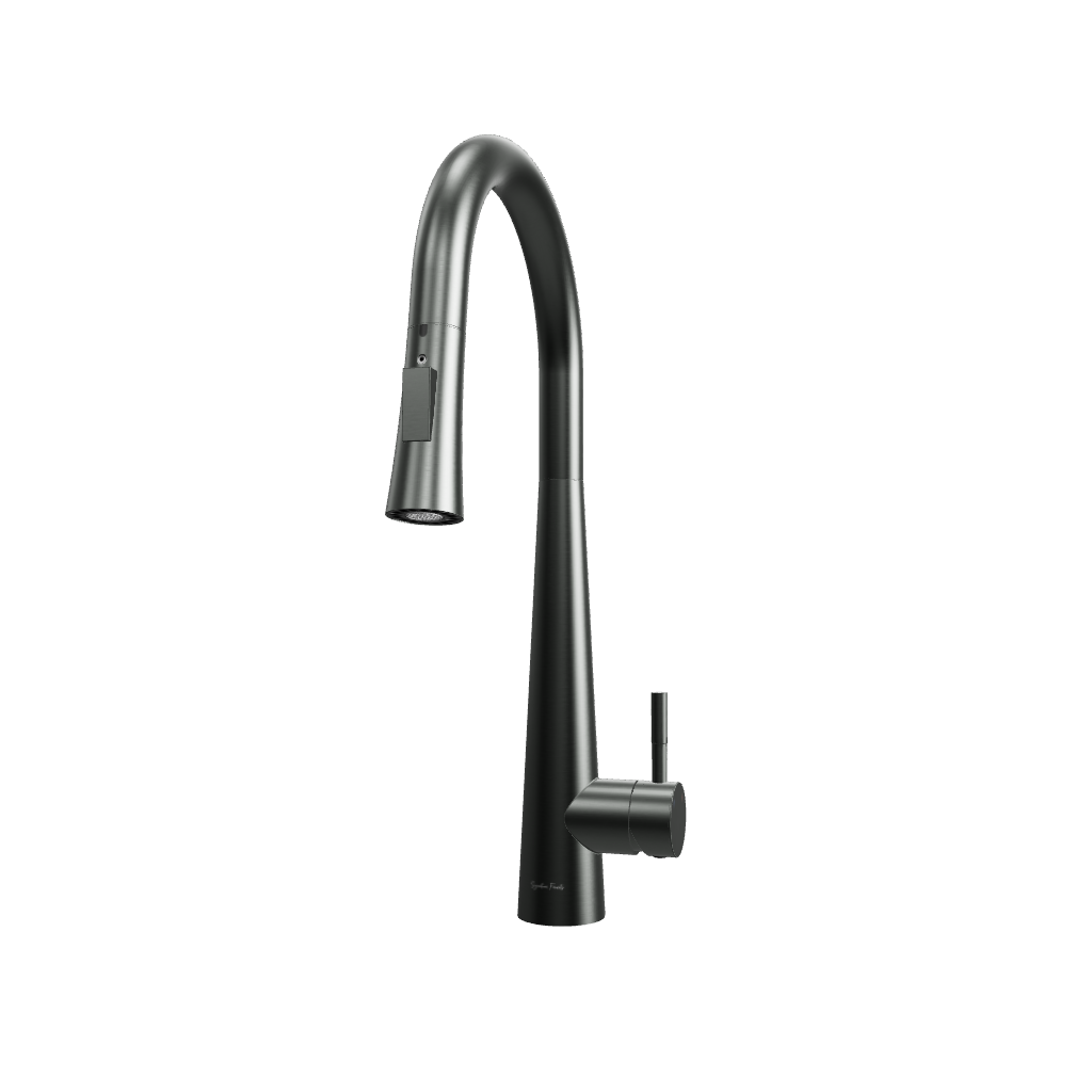 3D model of Arcus Touch Kitchen Faucet with Pull-Down Sprayer in gunmetal gray finish — interactive rendering showcasing dark graphite tone and touch-activated functionality by Signature Faucets. #color_gunmetal gray